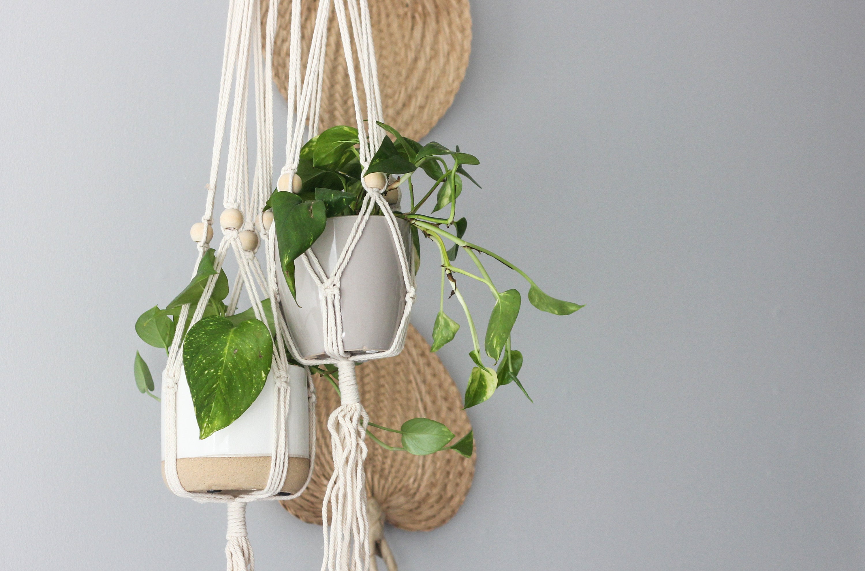 Boho Macrame Beaded Hanging Plant Holder in Cream