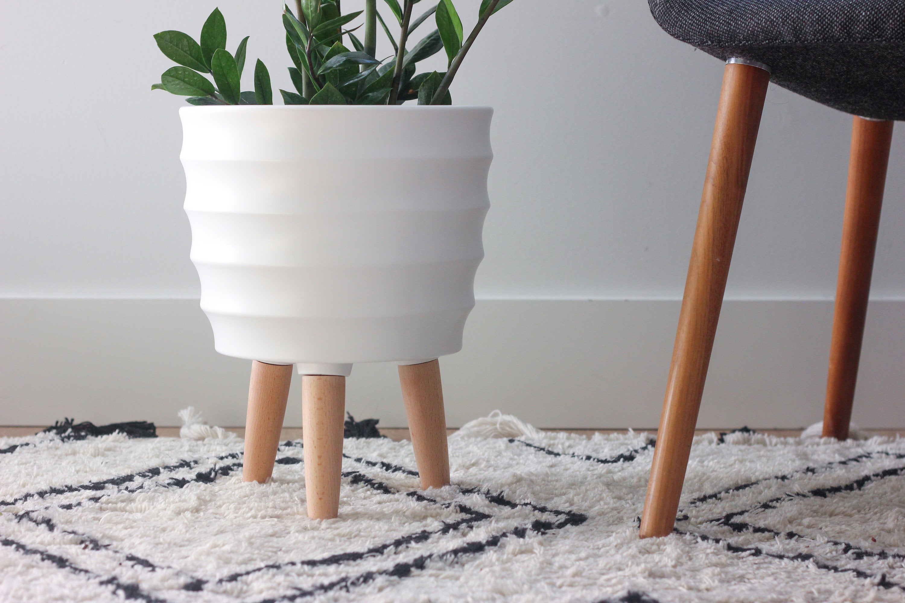 Modern Matte White Planter Pot with Wood Legs
