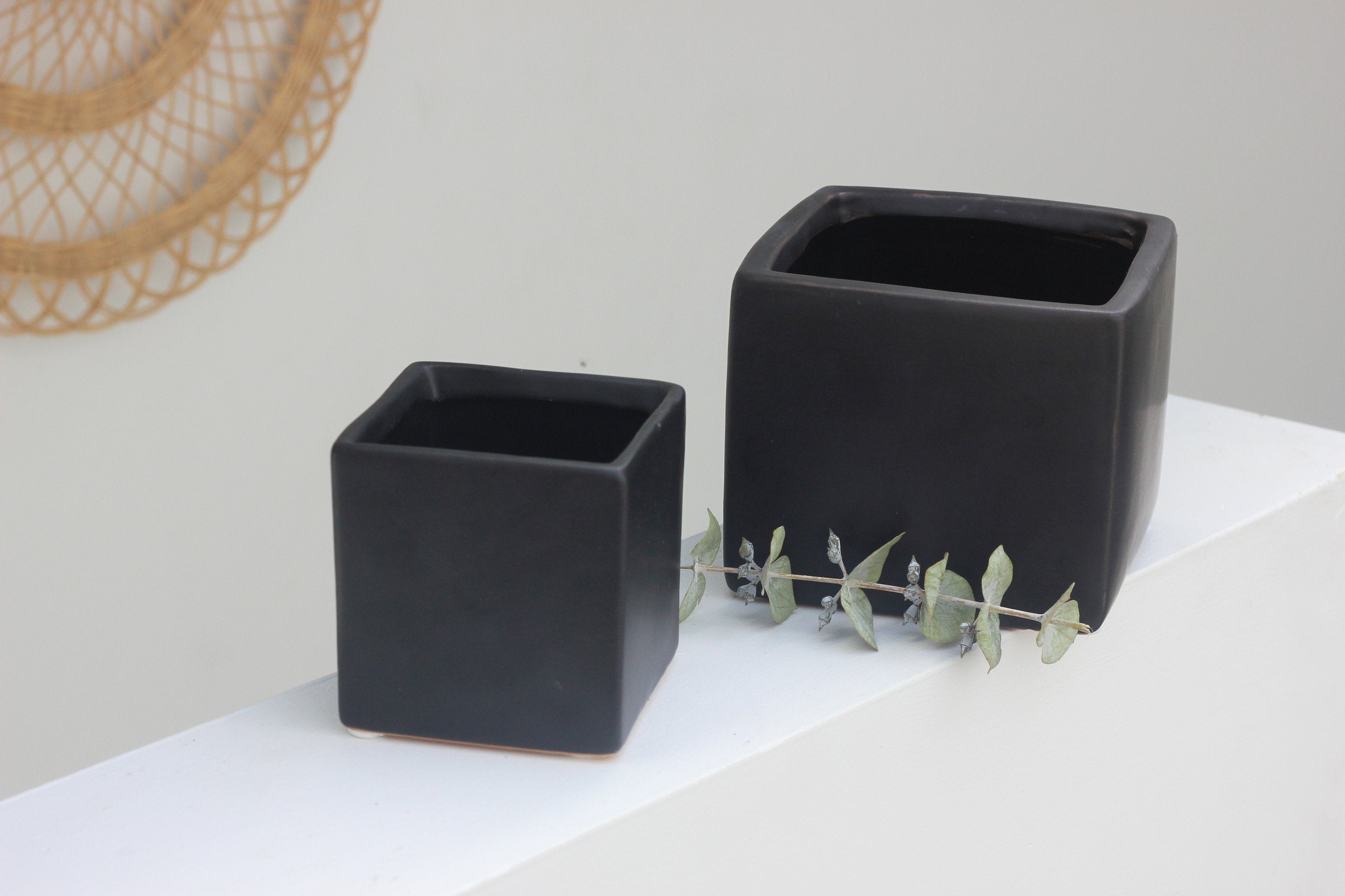 Matte Black Ceramic Cube Planter