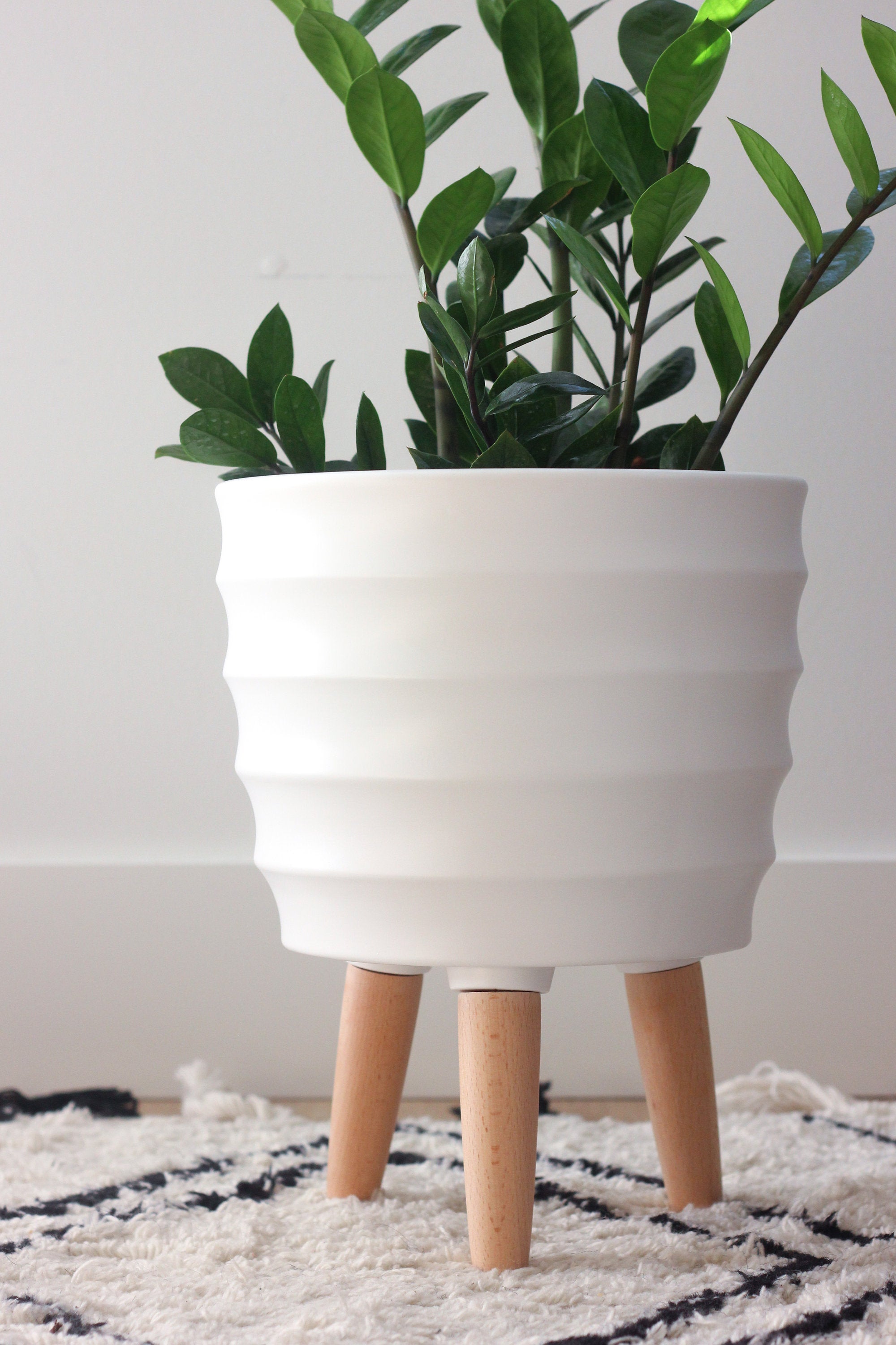 Modern Matte White Planter Pot with Wood Legs