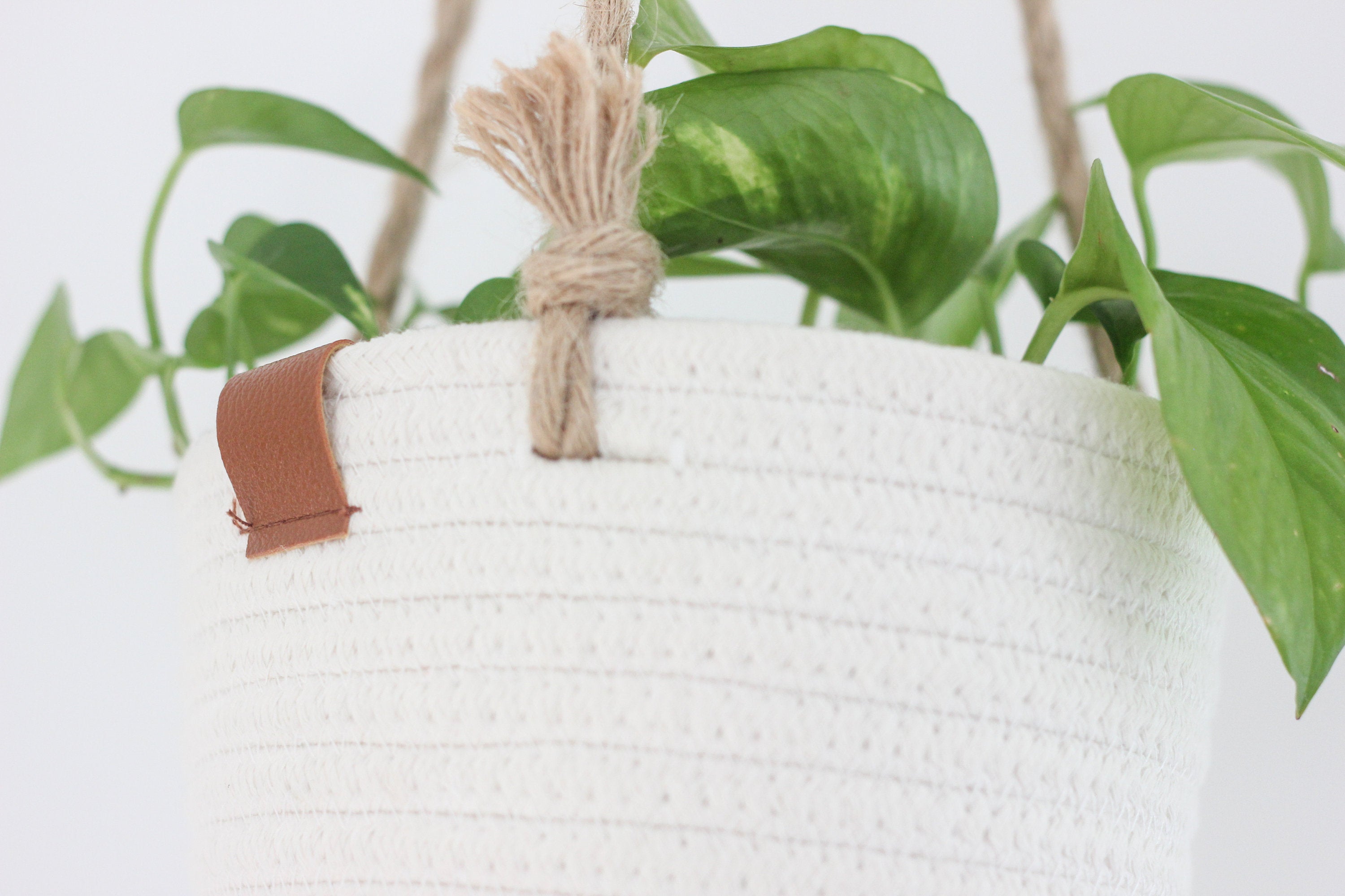 Boho Cotton Rope Hanging Planter Basket with Leather Accent