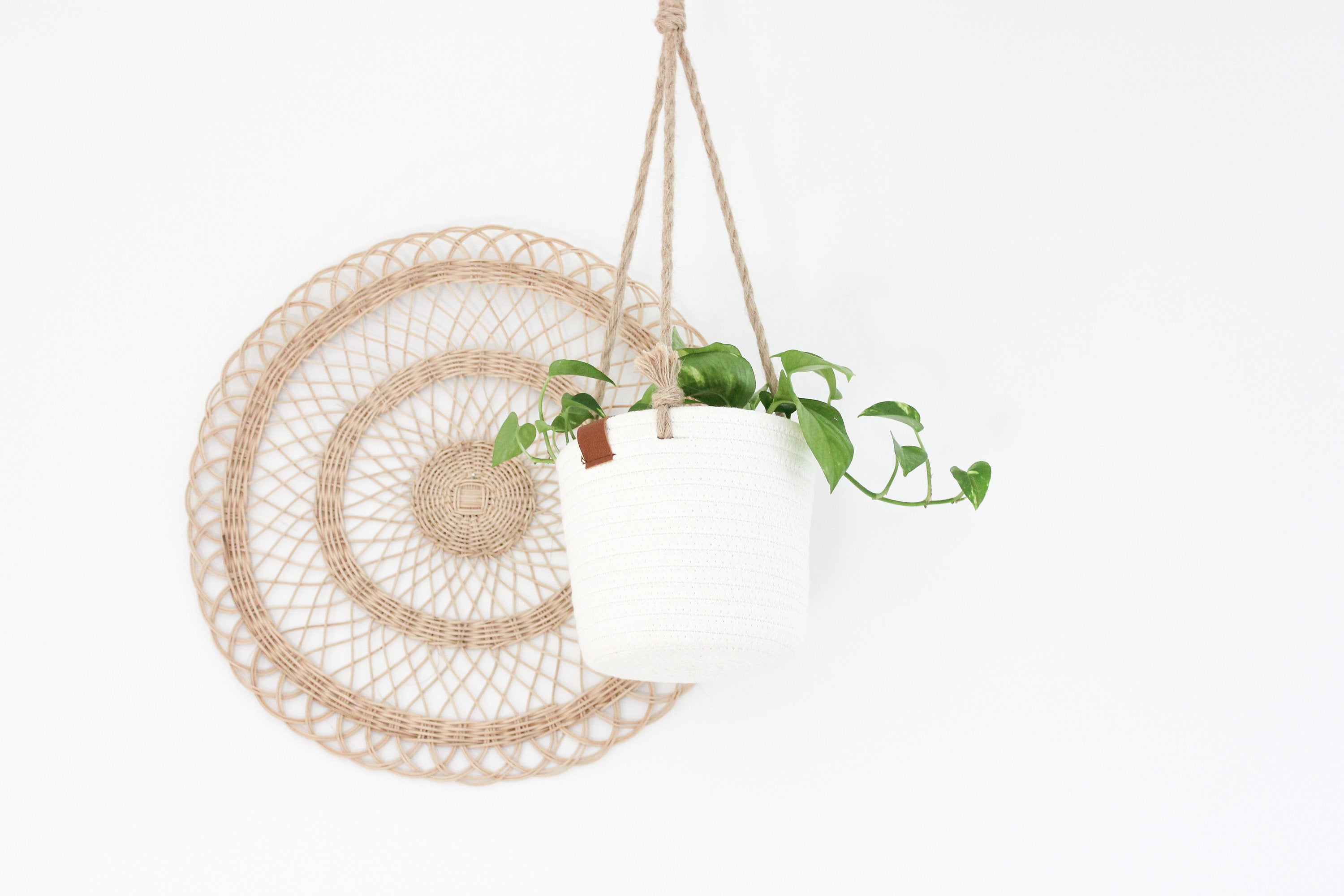 Boho Cotton Rope Hanging Planter Basket with Leather Accent
