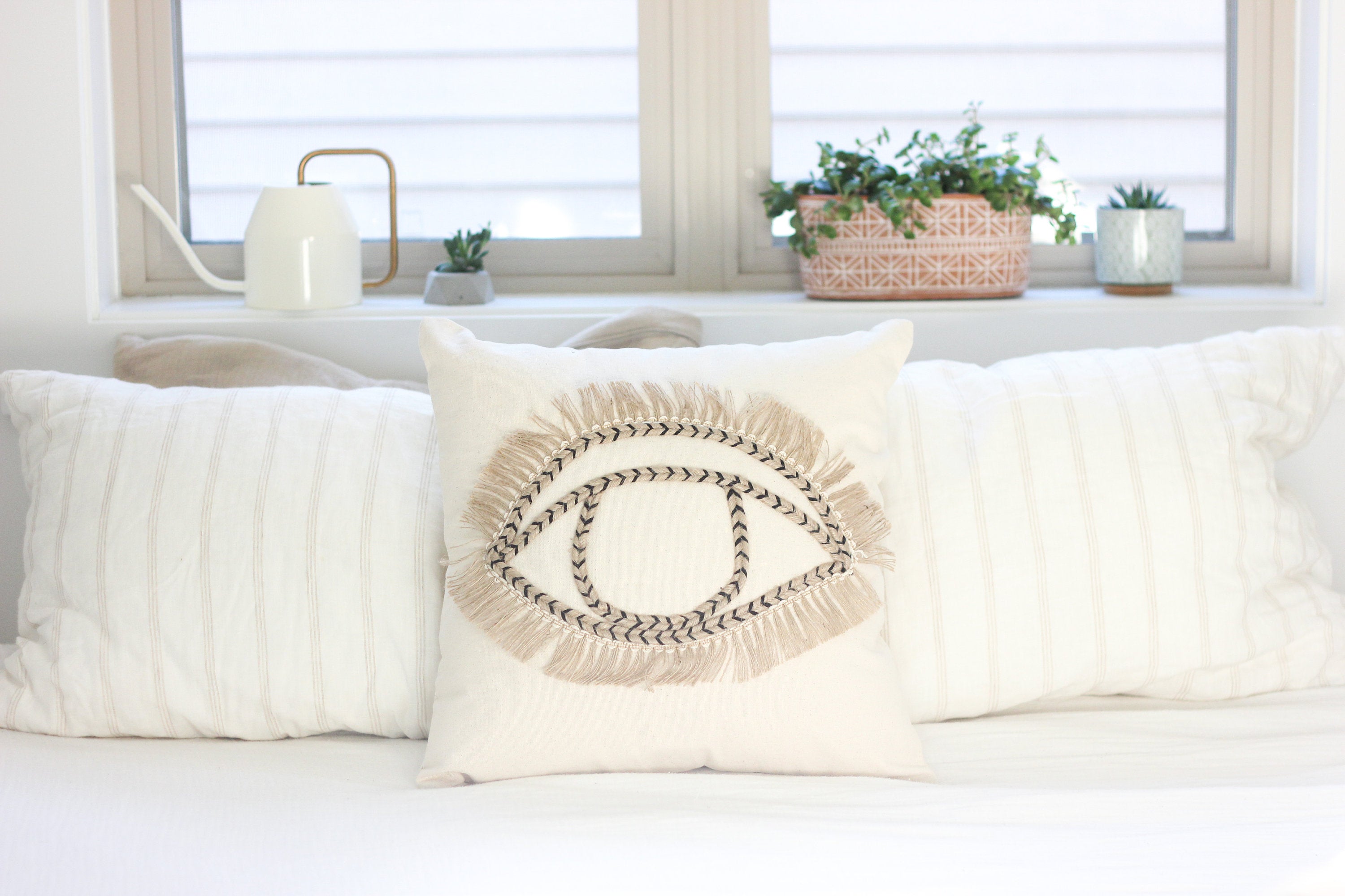 Boho Throw Cushion Pillow with Jute Embroidered Eye Motif