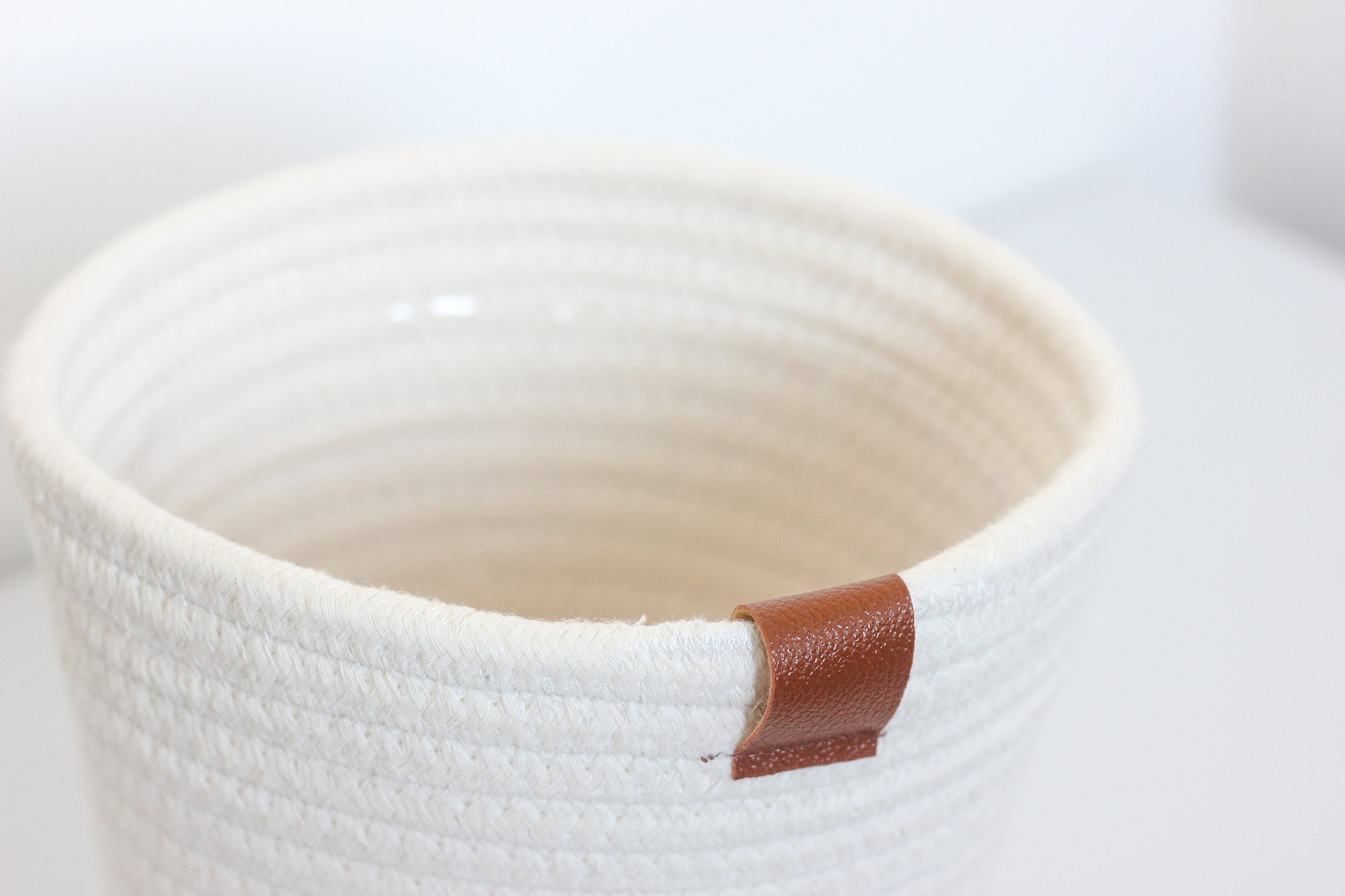 Off White Cotton Rope Plant Basket with Leather Accent
