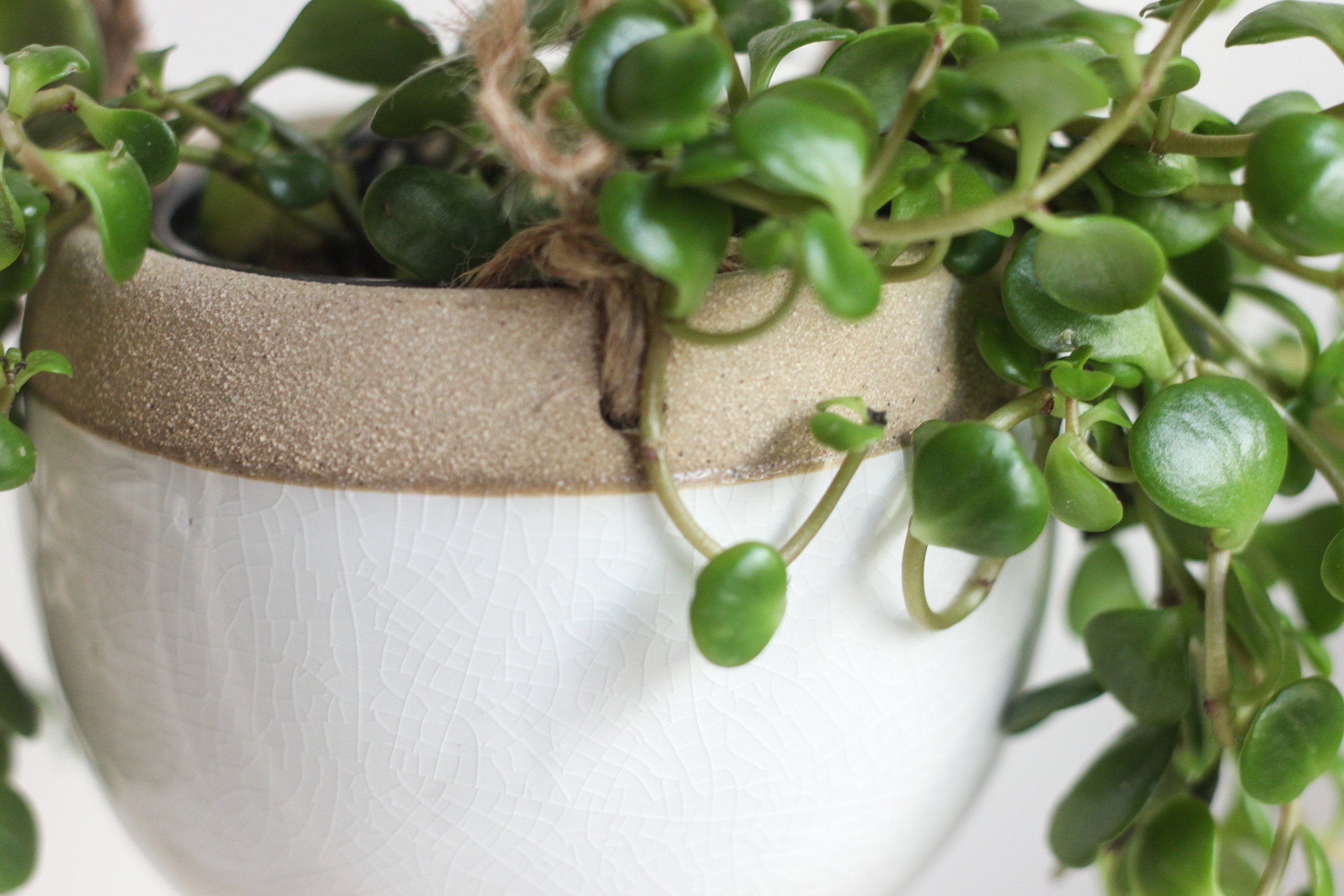 Boho Ceramic Hanging Planter Pot in White and Beige