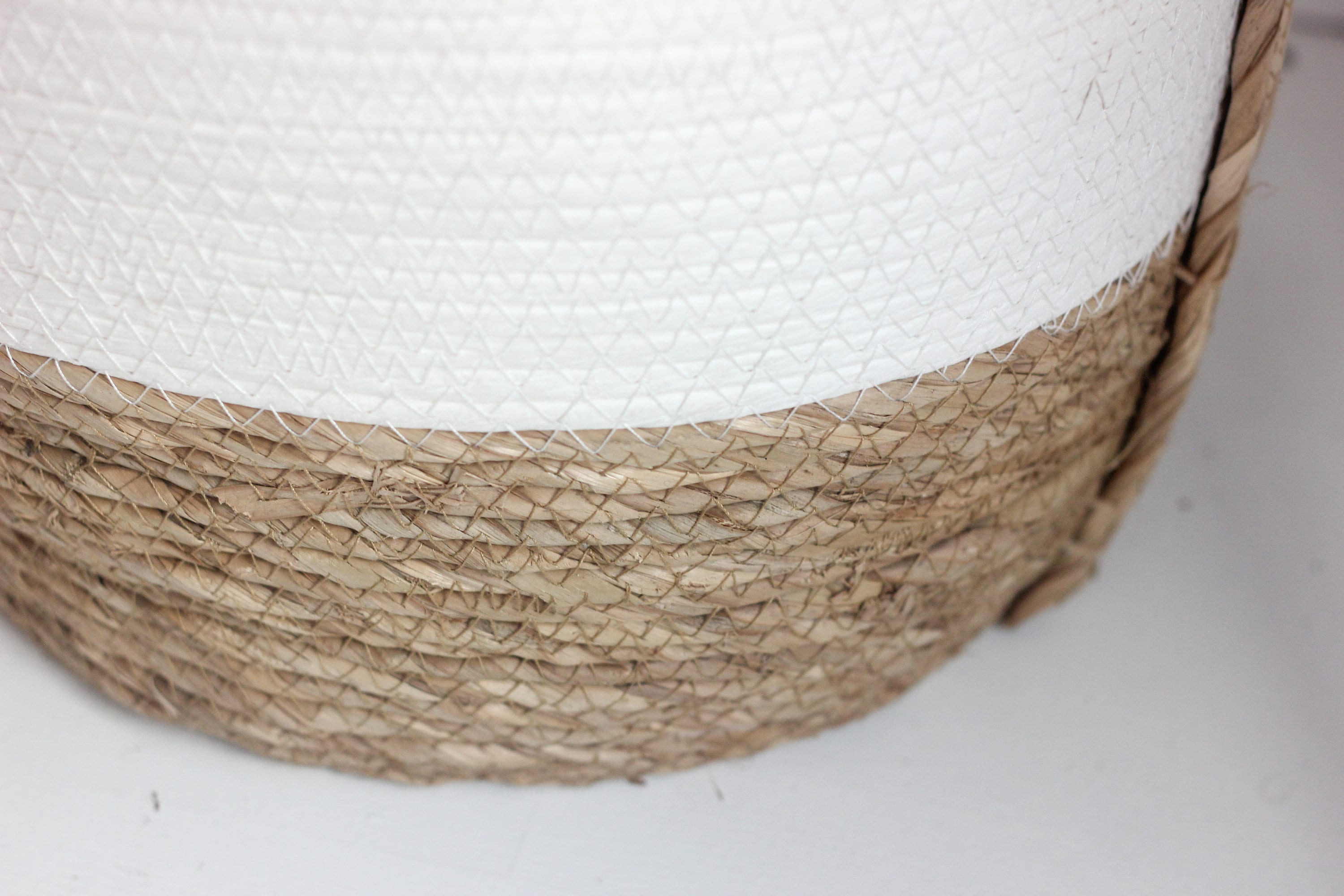 White Cotton and Woven Straw Large Round Basket with Handles