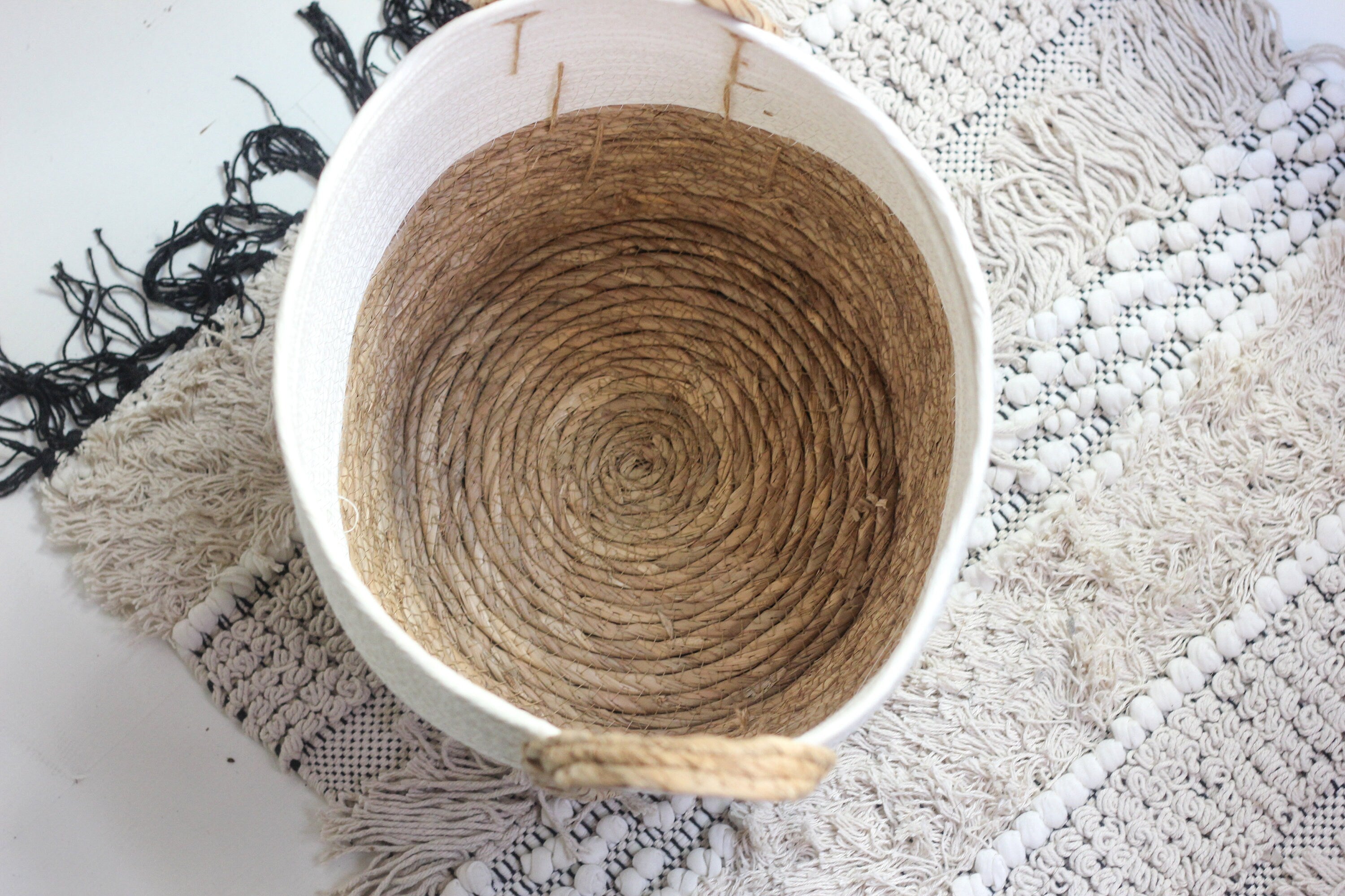 Straw and Cotton Woven Large Round Floor Plant Basket