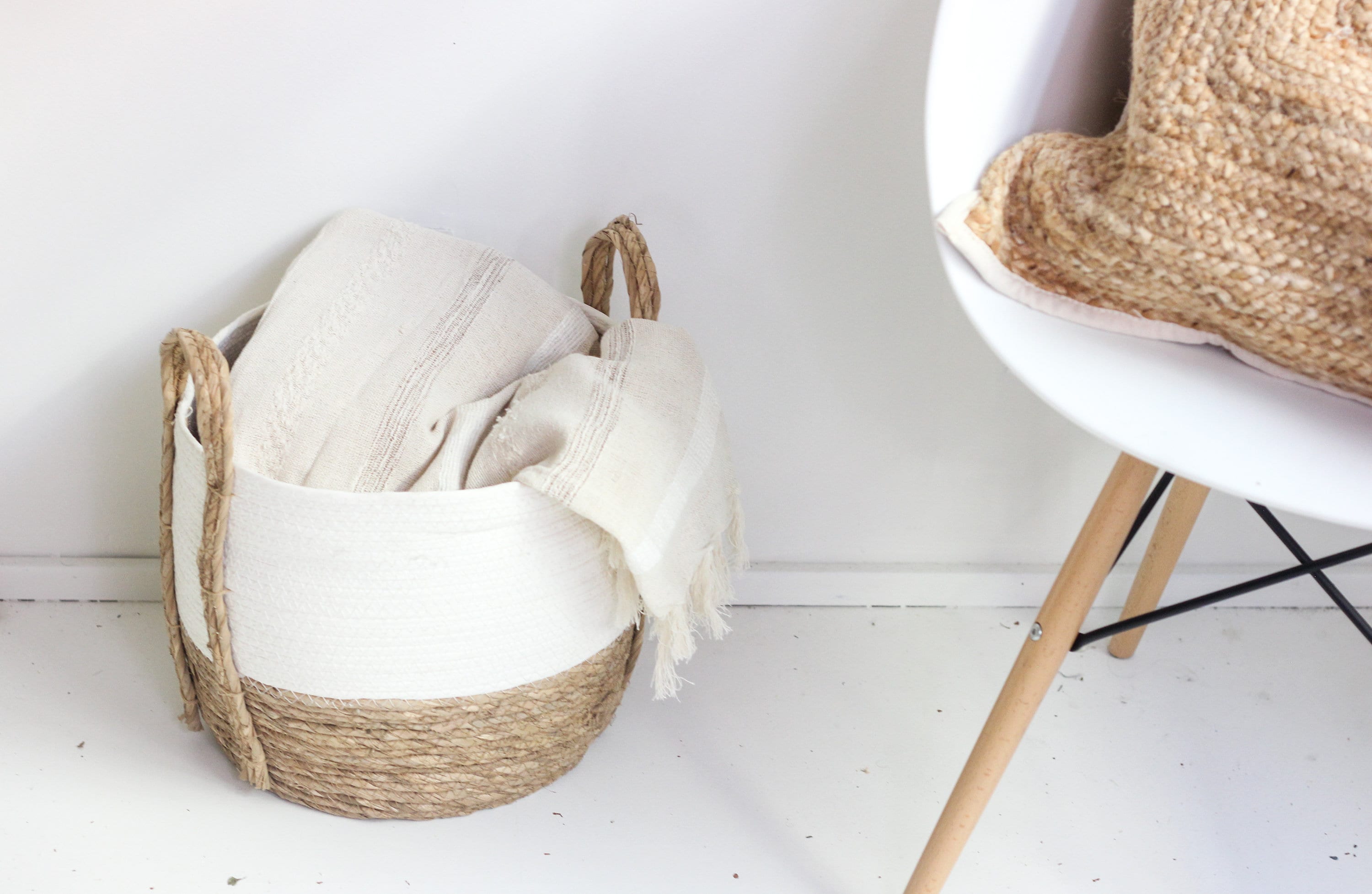 White Cotton and Woven Straw Large Round Basket with Handles