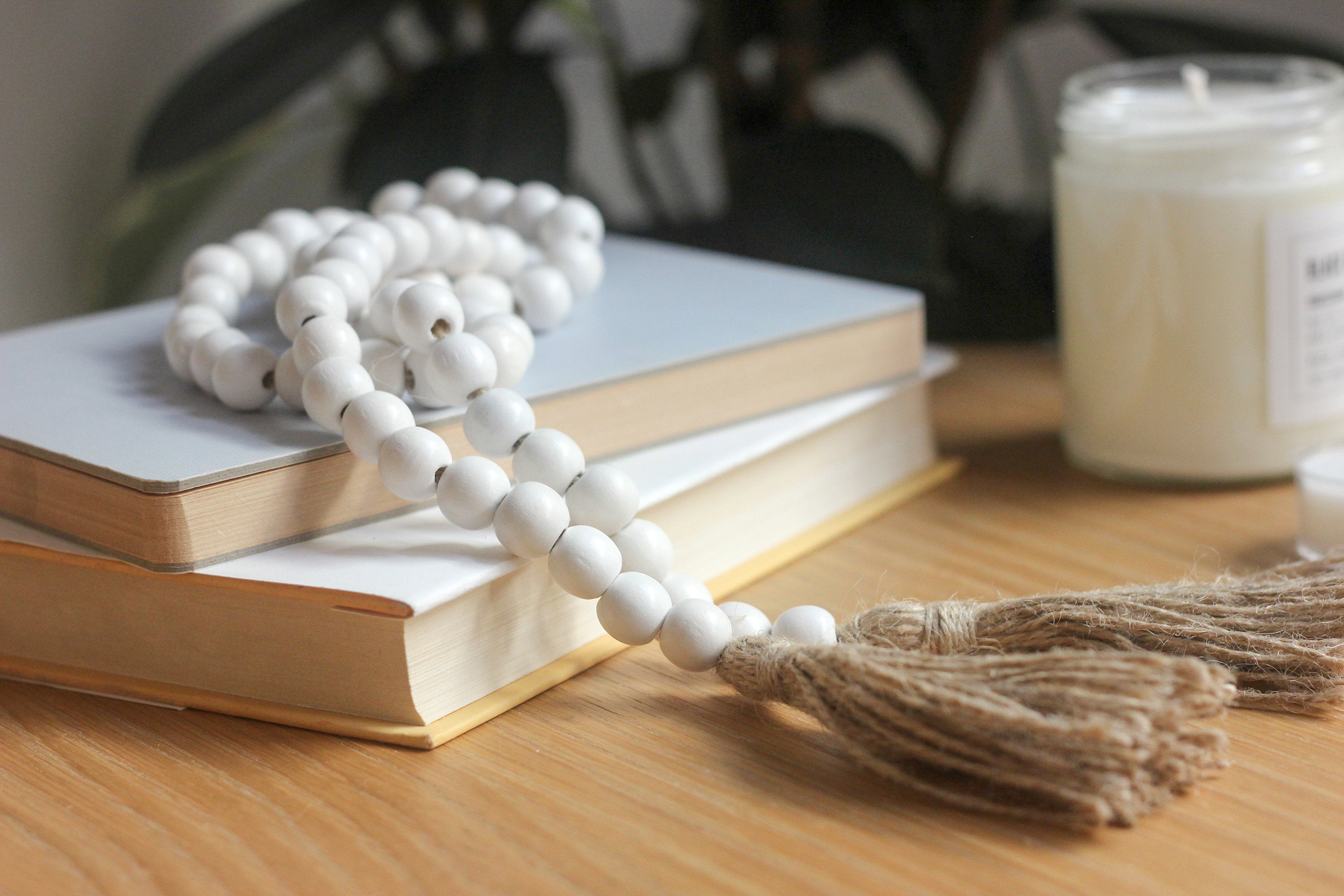 White Tassel Prayer Beads Boho Home Decor