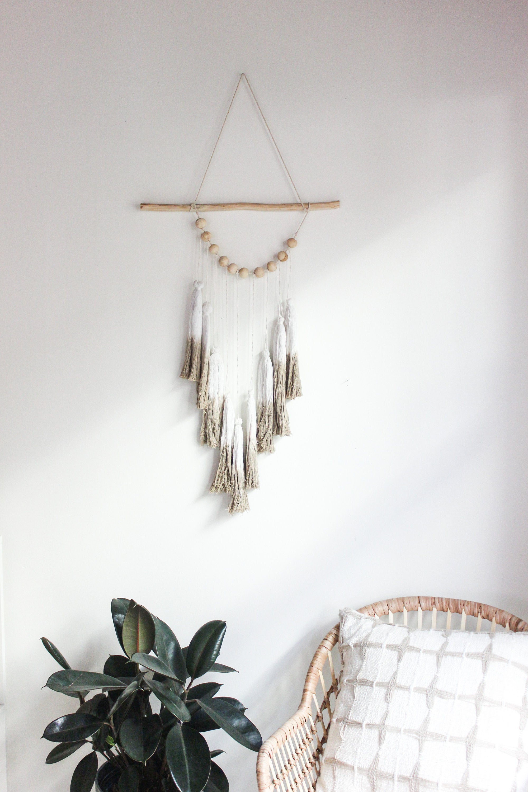 Boho Taupe Ombre Tassel Wood Wall Hanging