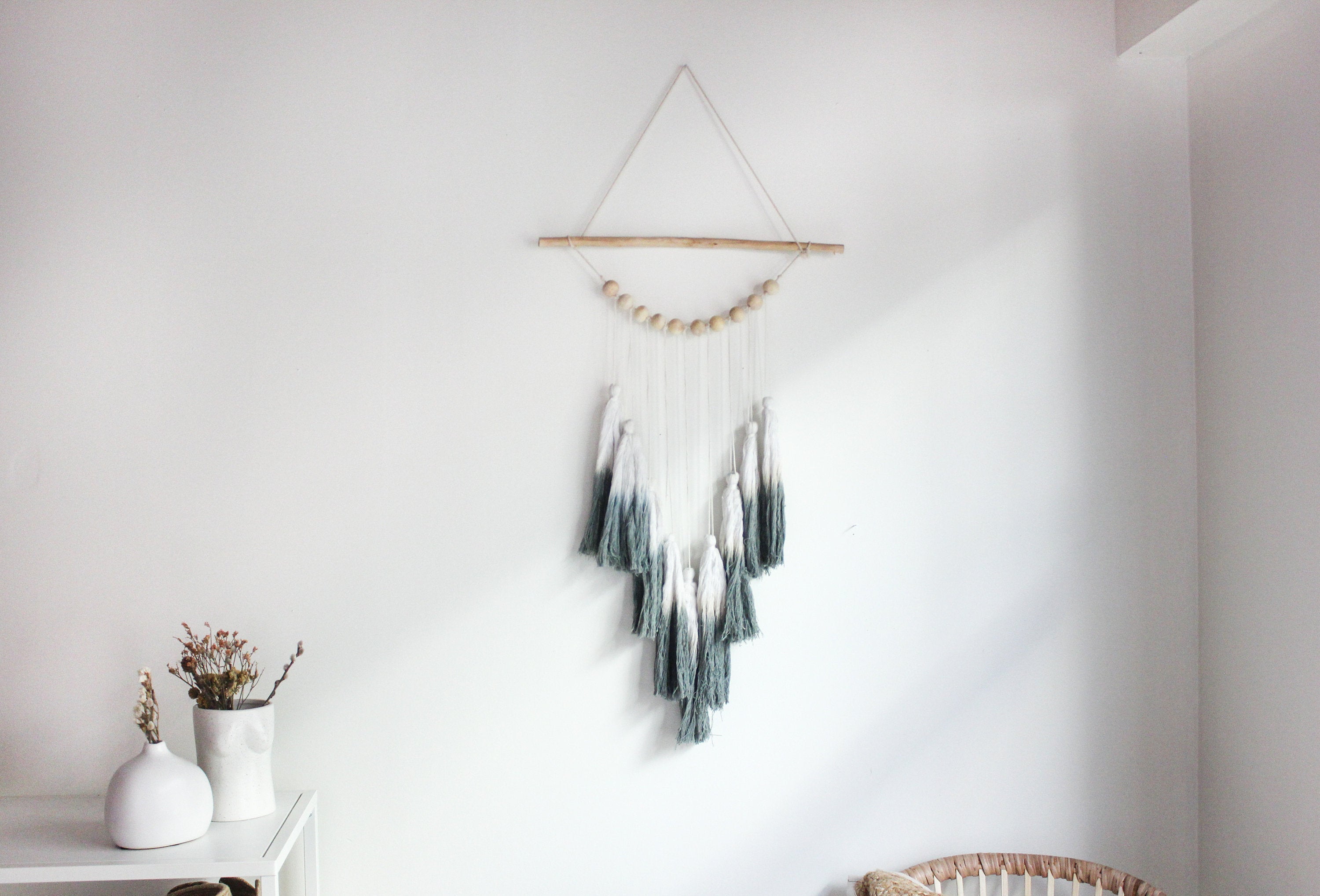 Teal Ombre Tassel Wood Wall Hanging Boho