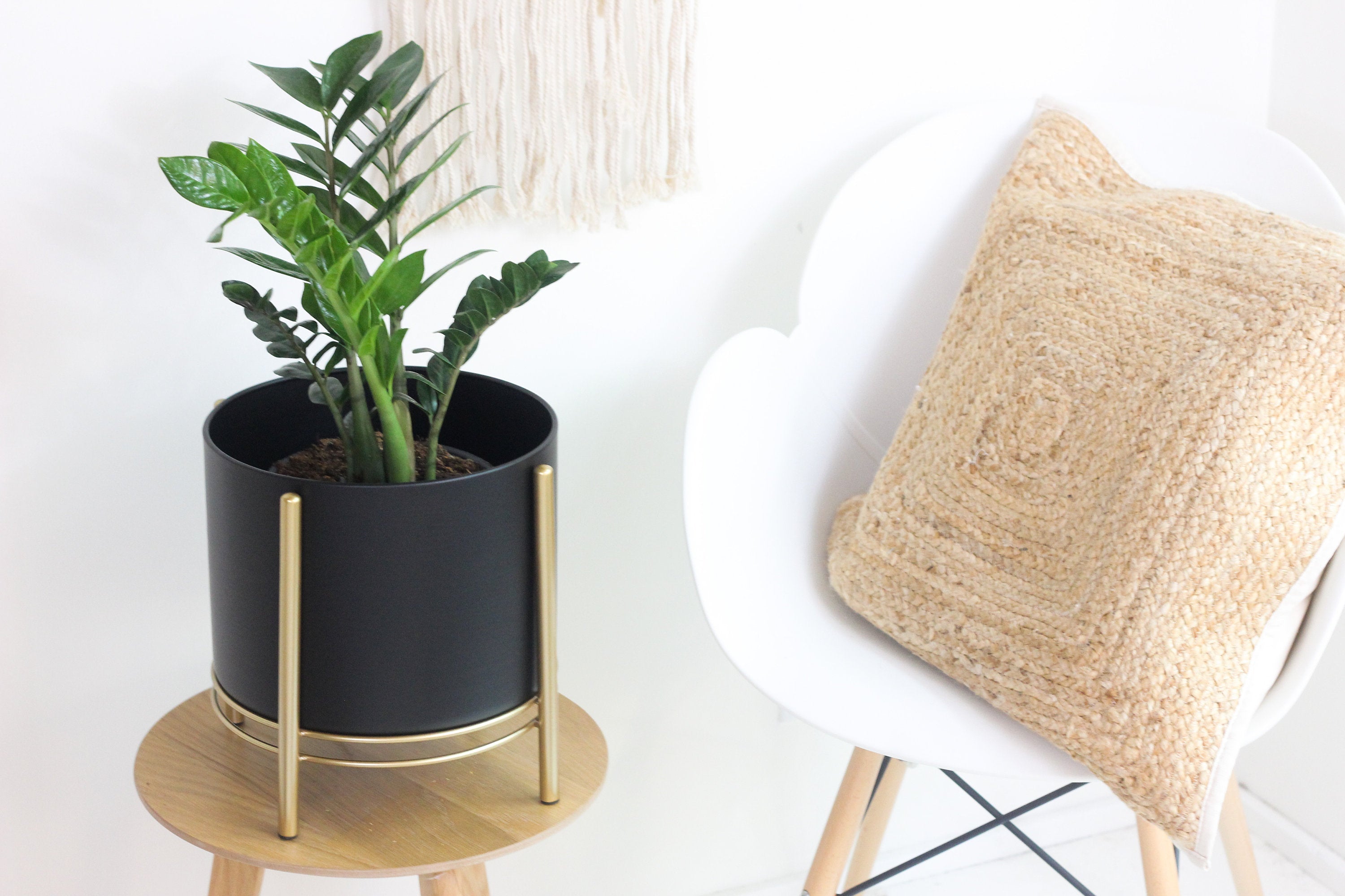 Black Standing Planter Pot with Modern Gold Plant Stand