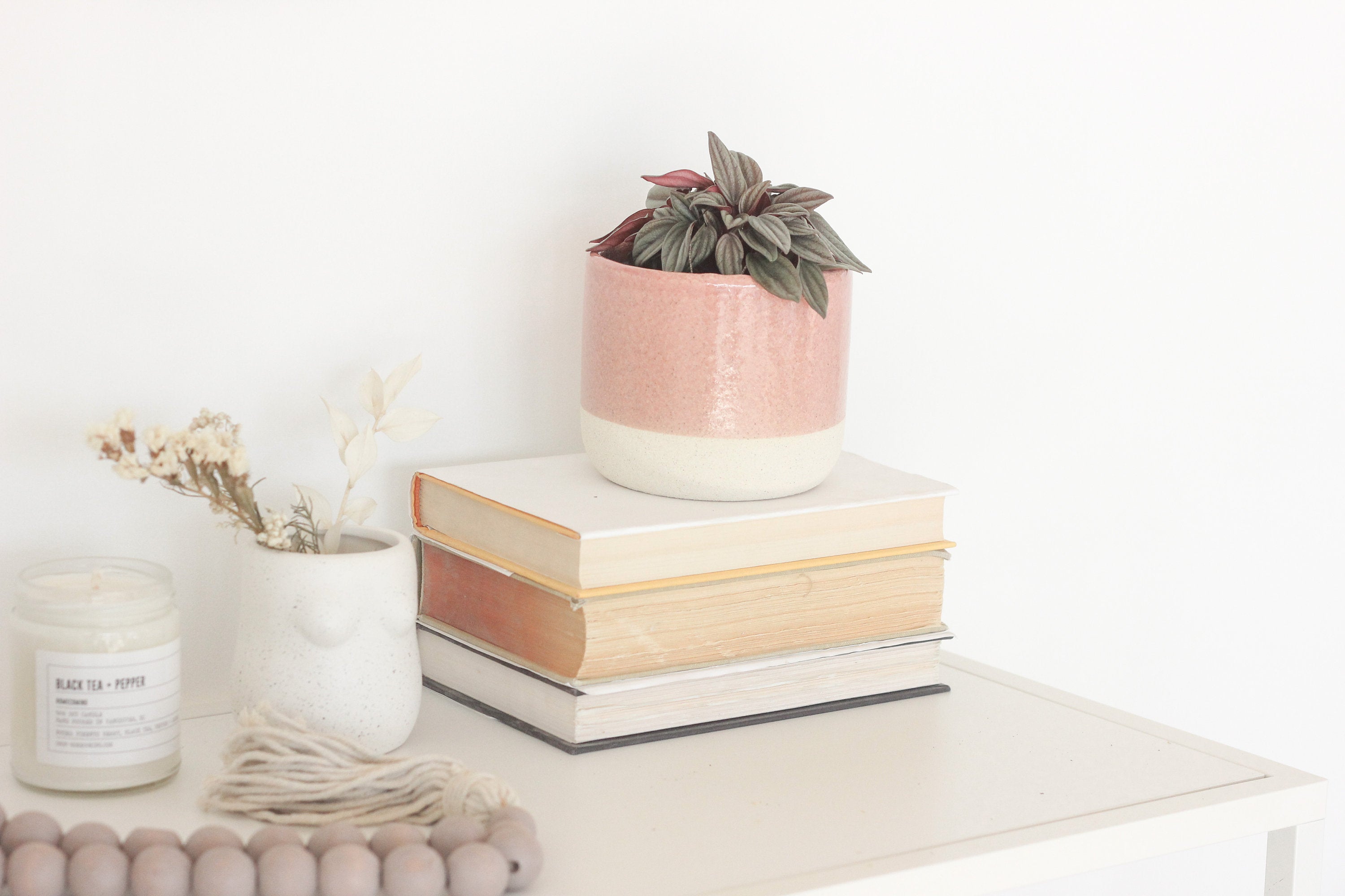 Blush Pink and Natural Ceramic Planter Pot with Crackle Glaze