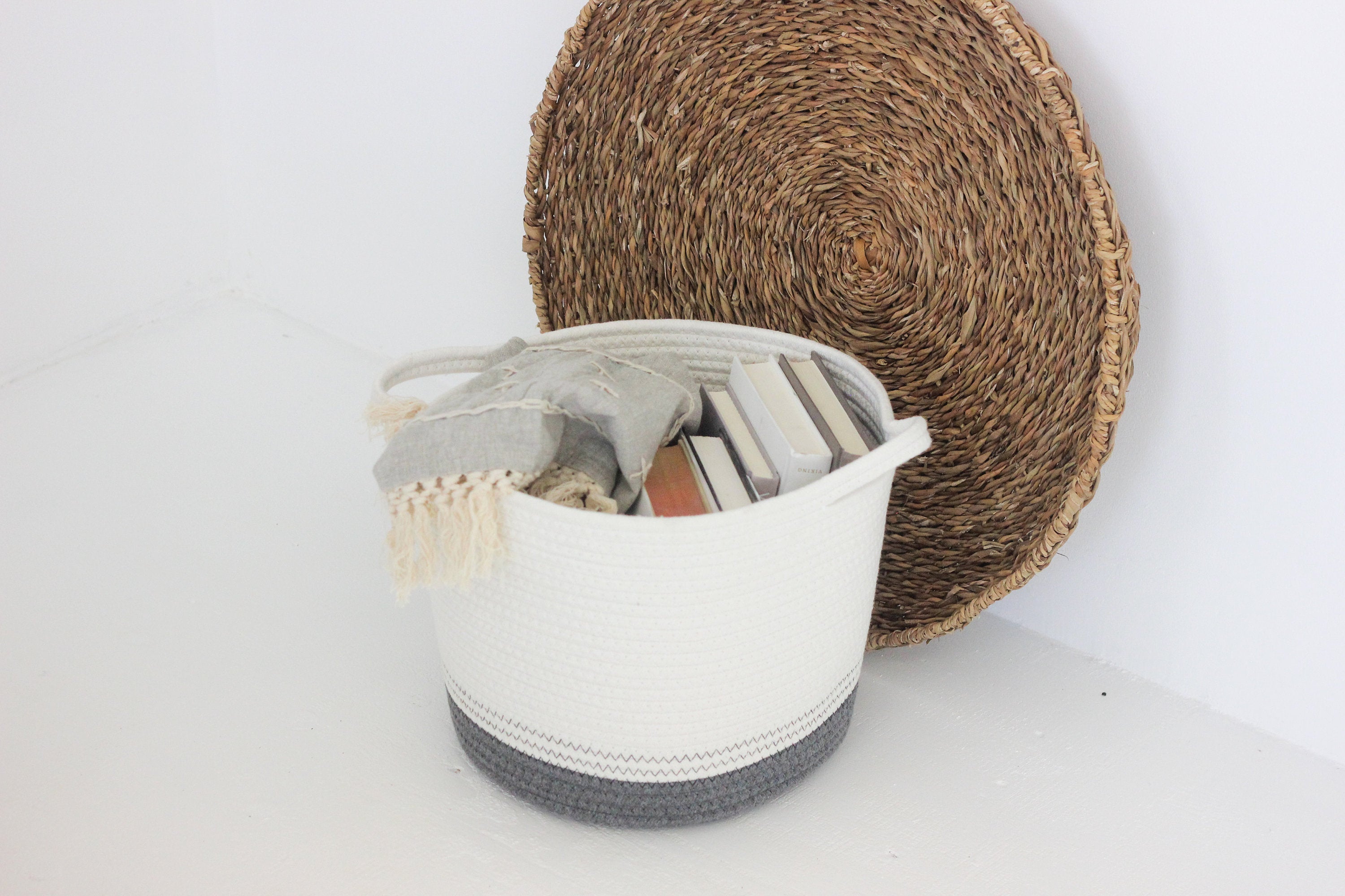 Minimal Dark Grey and White Cotton Rope Blanket Basket