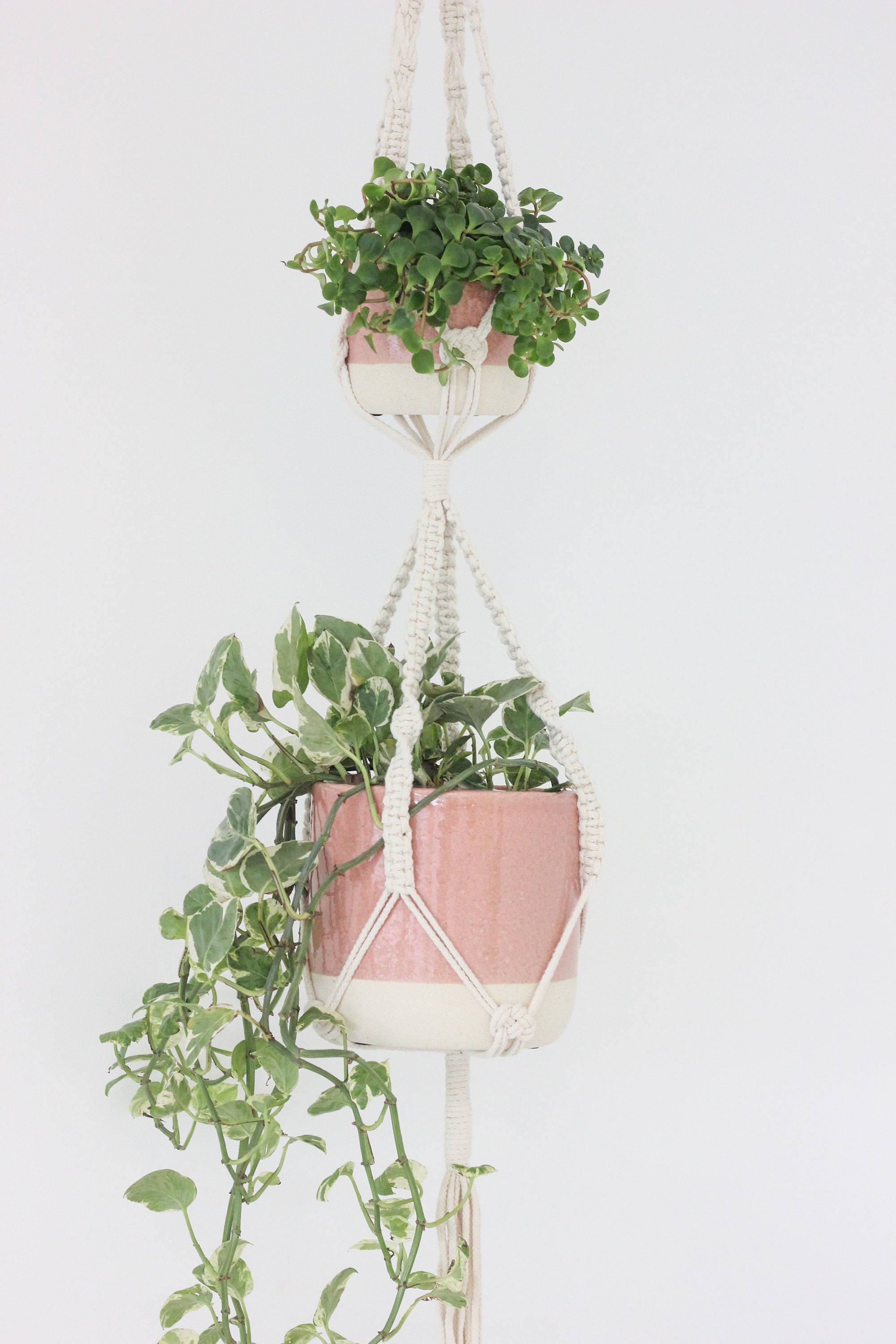 Two Tier Macrame Hanging Plant Holder in Cream