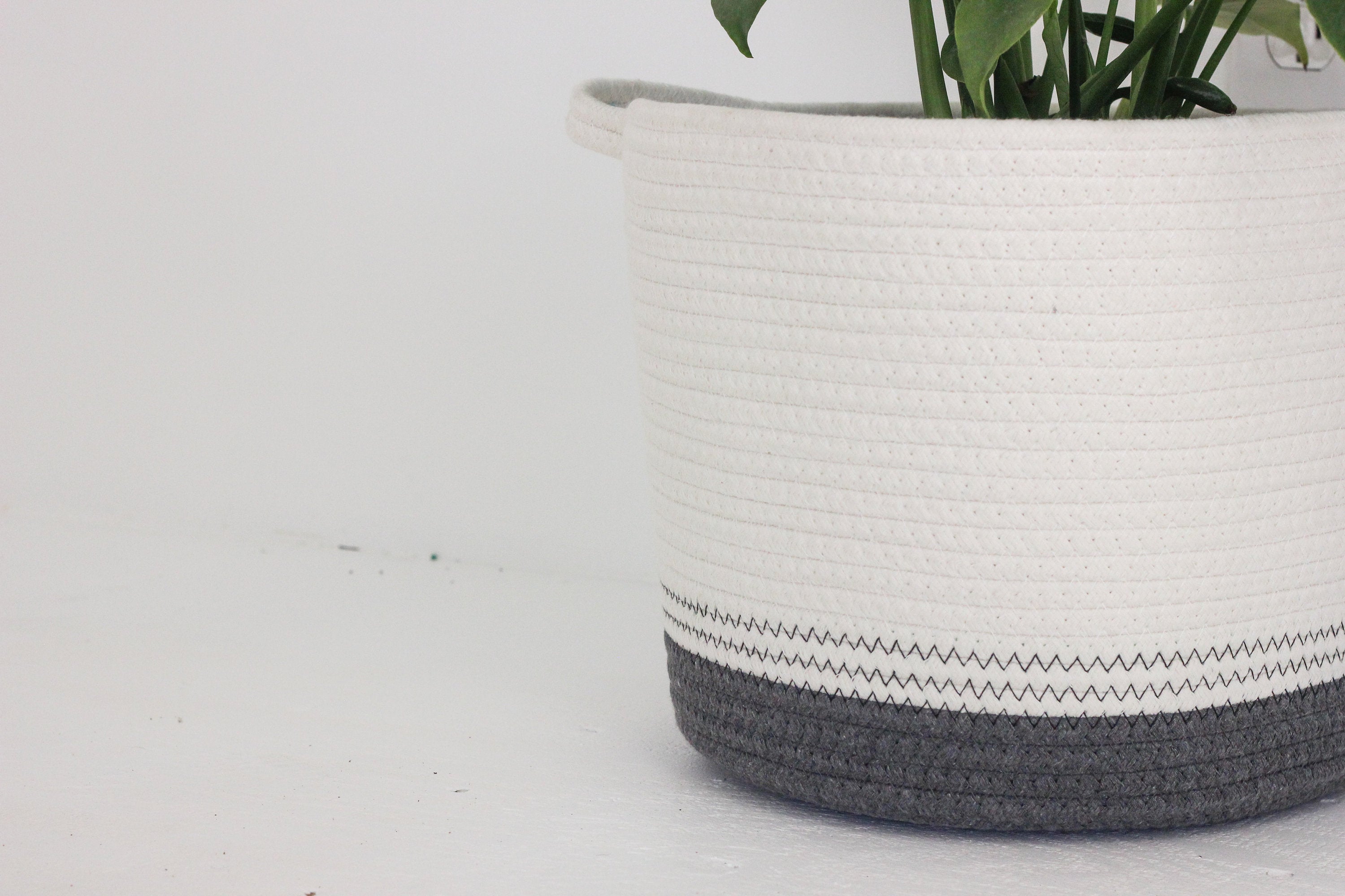 Large Dark Grey and White Cotton Rope Floor Plant Basket