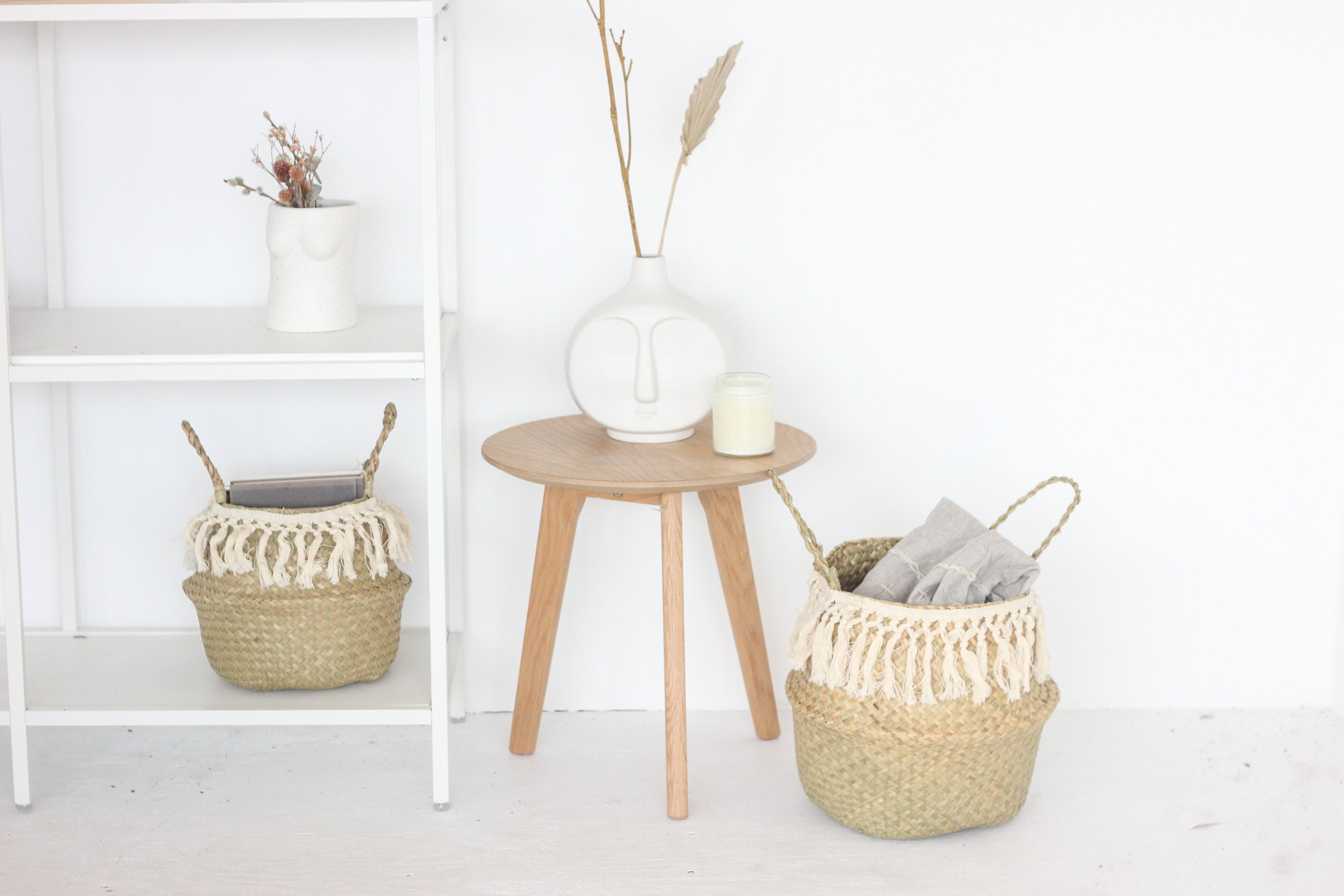 Tasseled Belly Basket in White and Natural