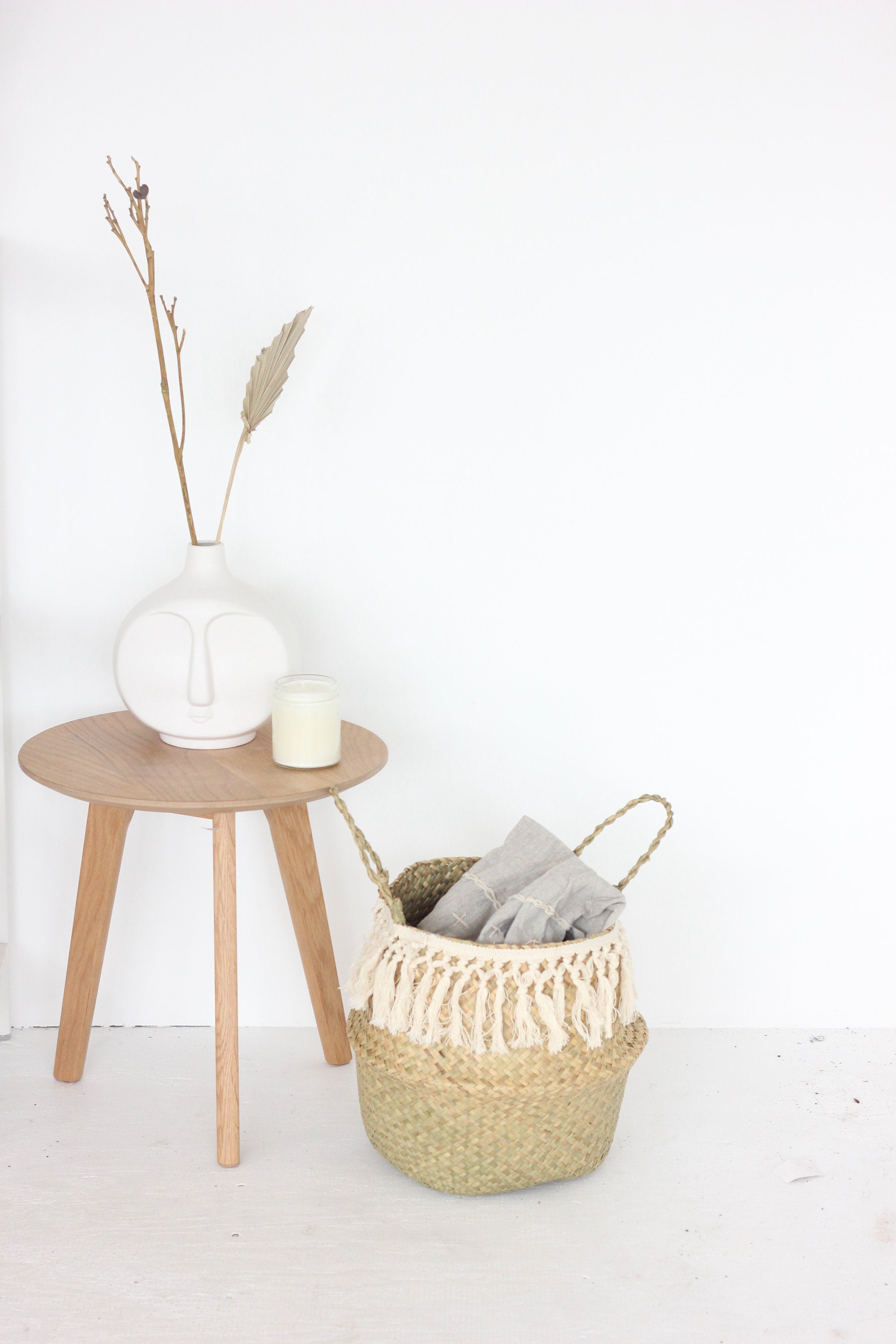 Tasseled Belly Basket in White and Natural