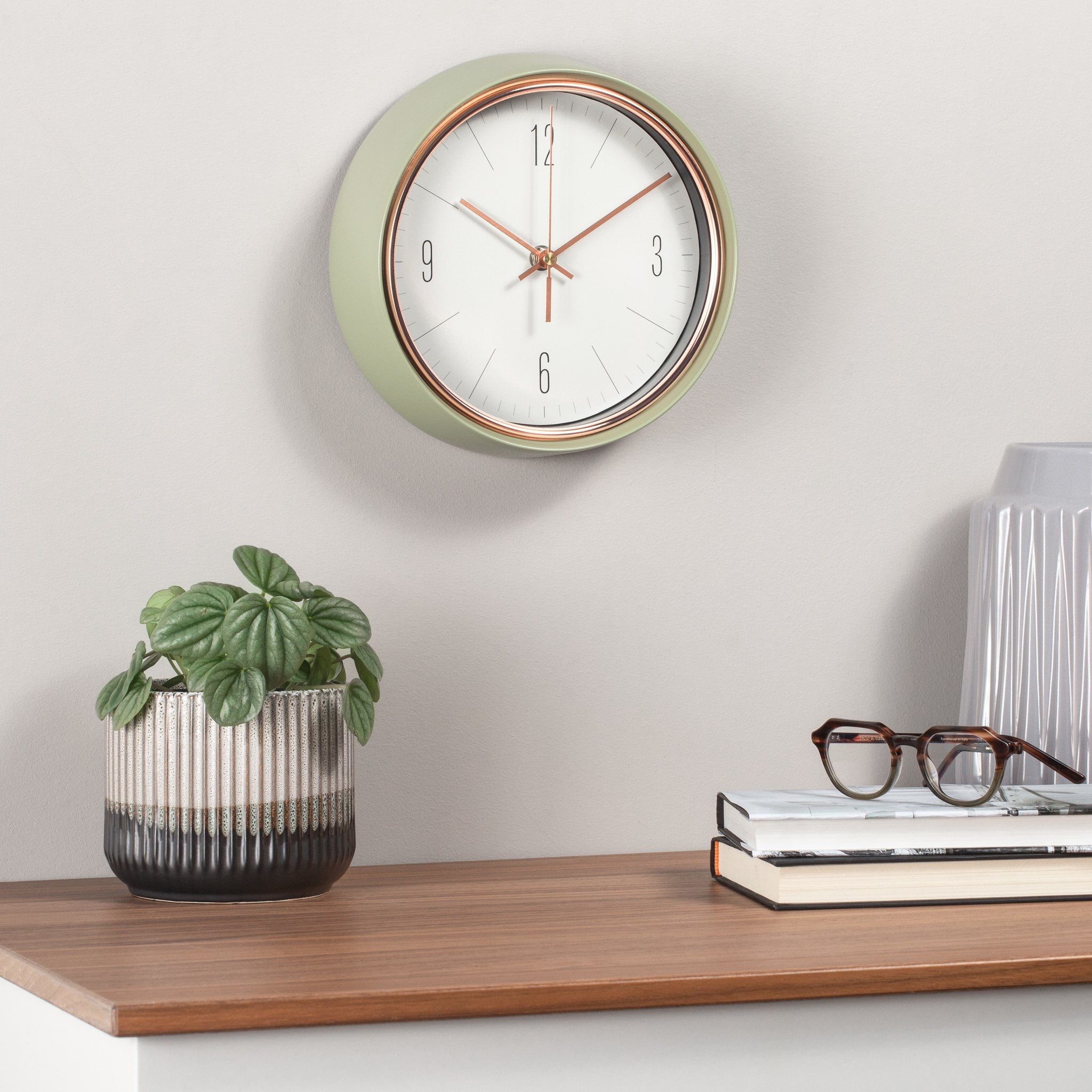 Sage Green Mid-Century Modern Wall Clock with Copper Accents