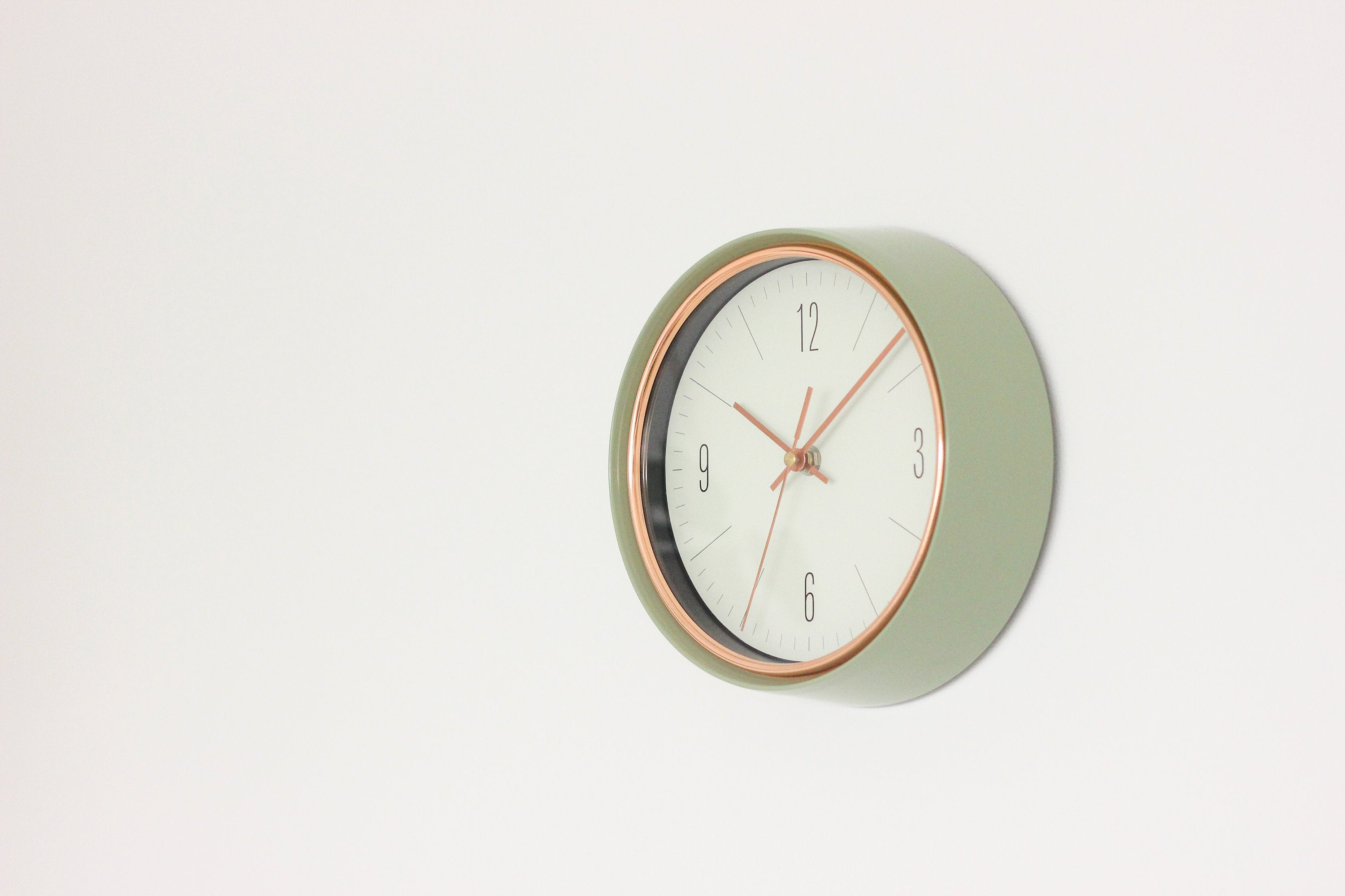Sage Green Mid-Century Modern Wall Clock with Copper Accents