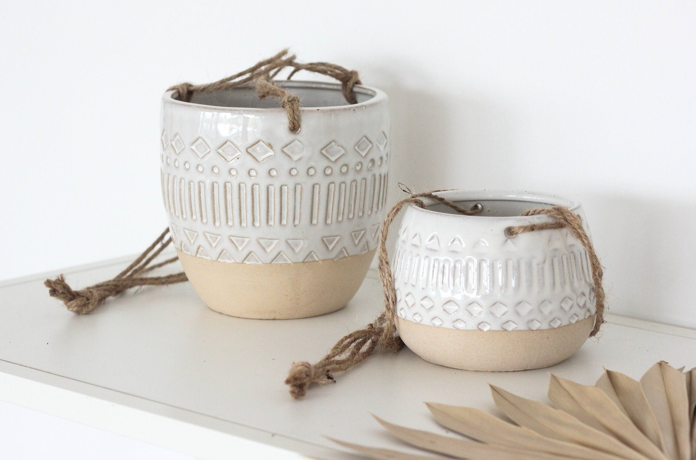 white ceramic hanging planter Patterned Ceramic White and Beige Hanging Planter Pot
