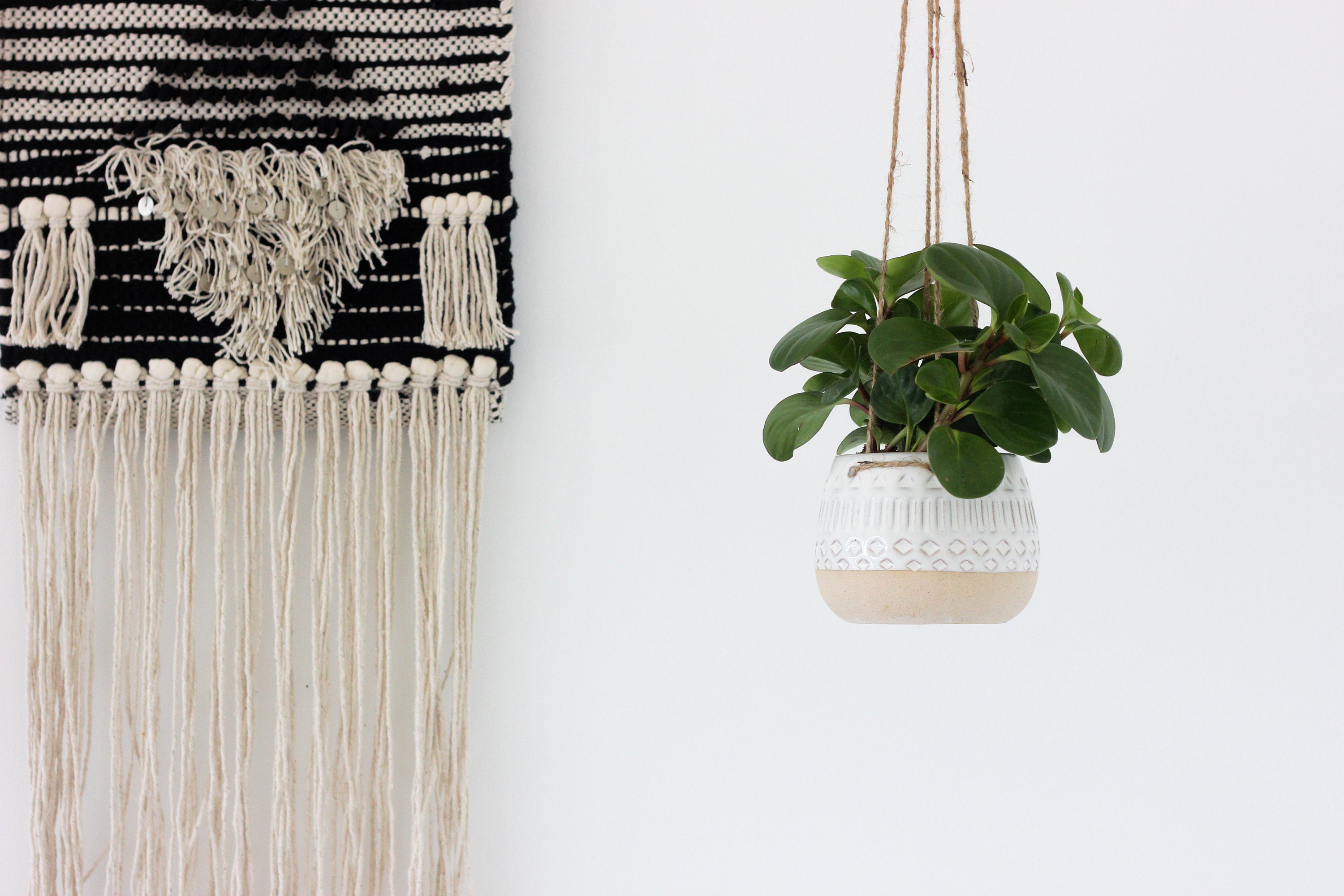 Patterned Ceramic White and Beige Hanging Planter Pot