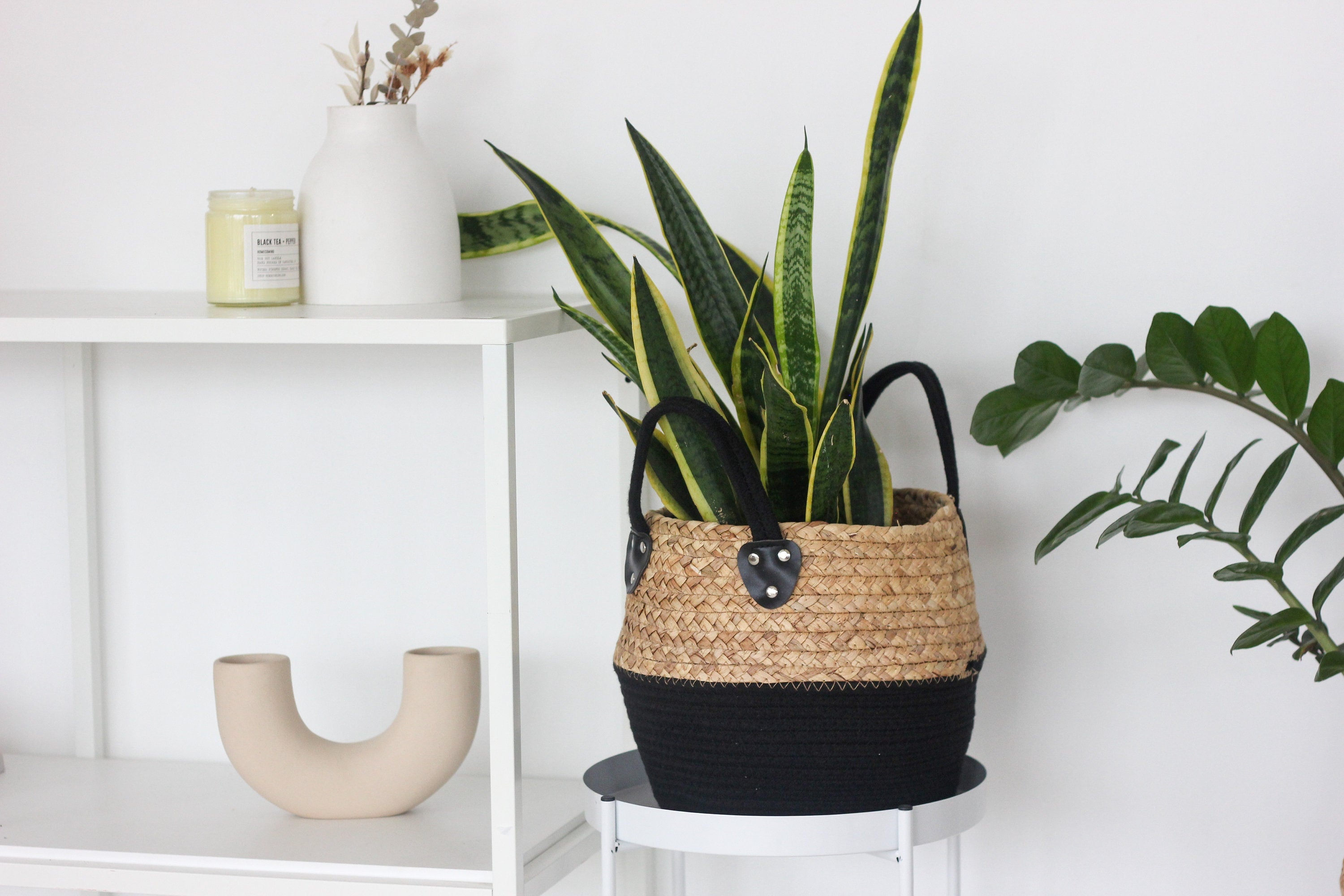 Straw and Cotton Woven Floor Plant Basket