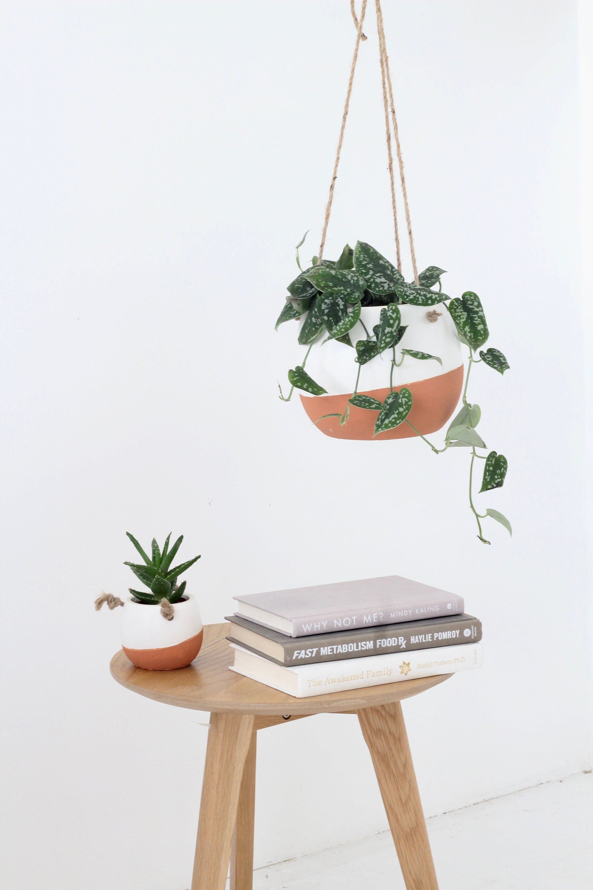 Burnt Orange Ceramic Hanging Planter Pot in White and Terracotta with Optional Drainage