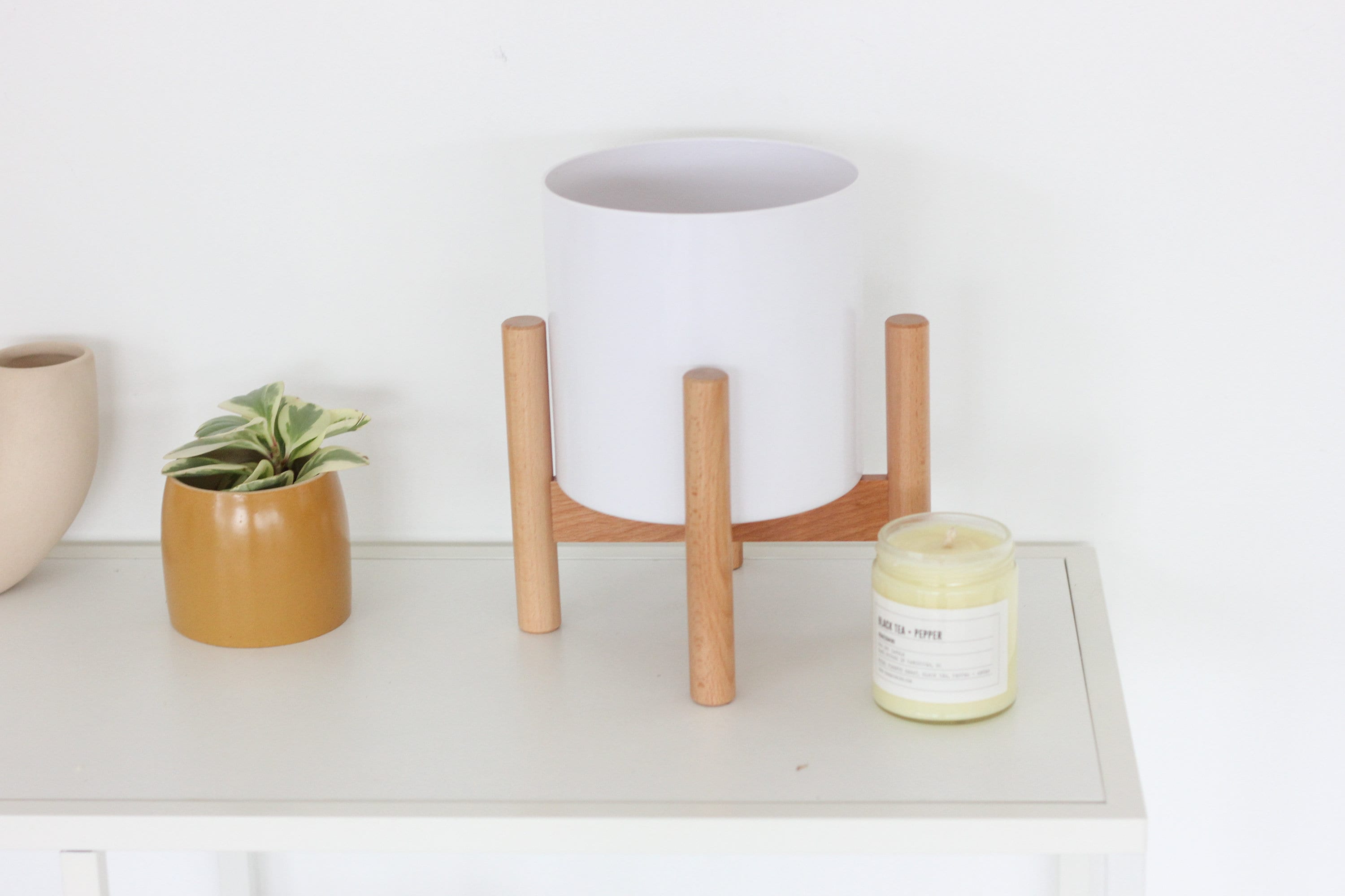 Mid-century Modern Wood Plant Stand with White Melamine Plant Pot