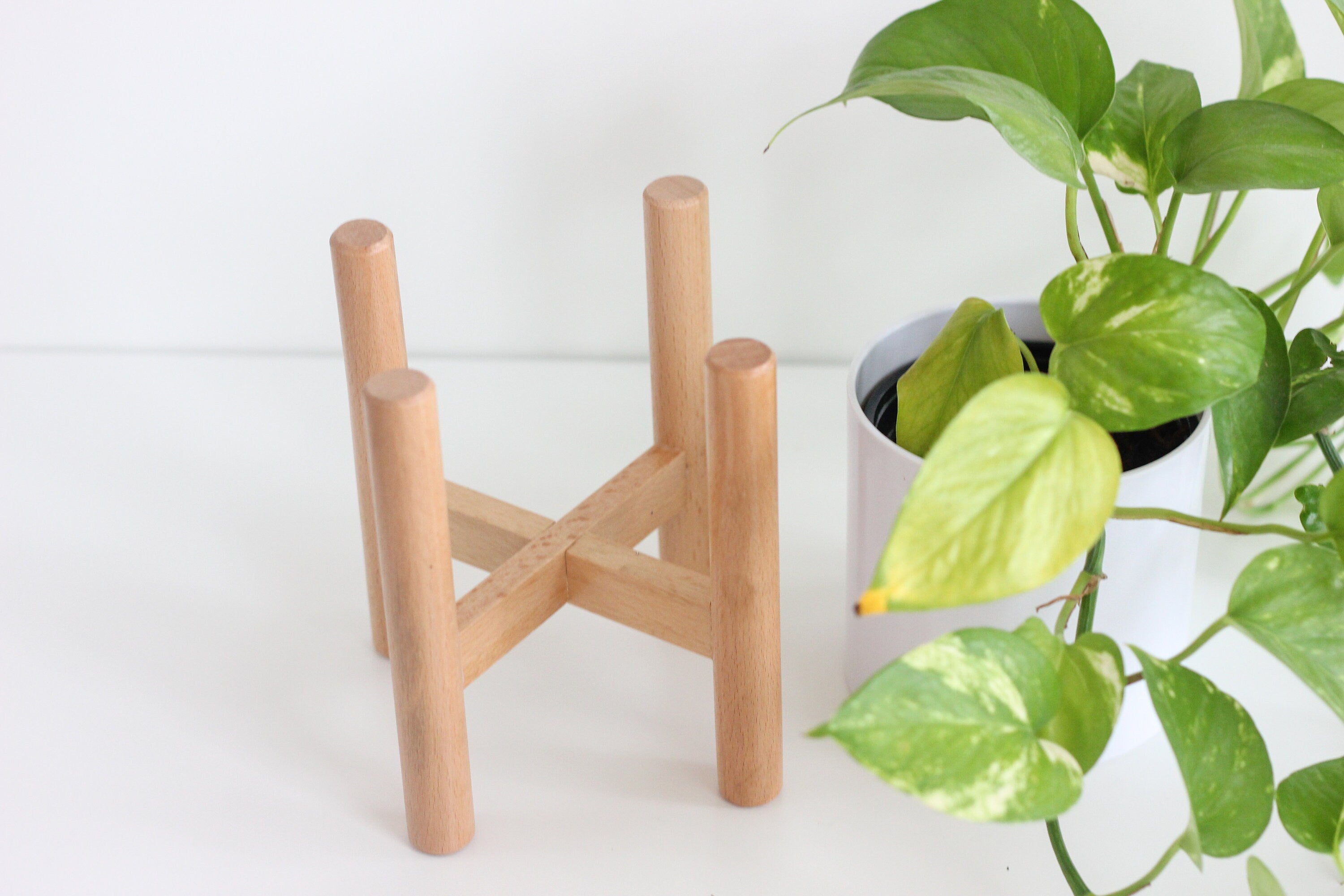 Mid-century Modern Wood Plant Stand with White Melamine Plant Pot