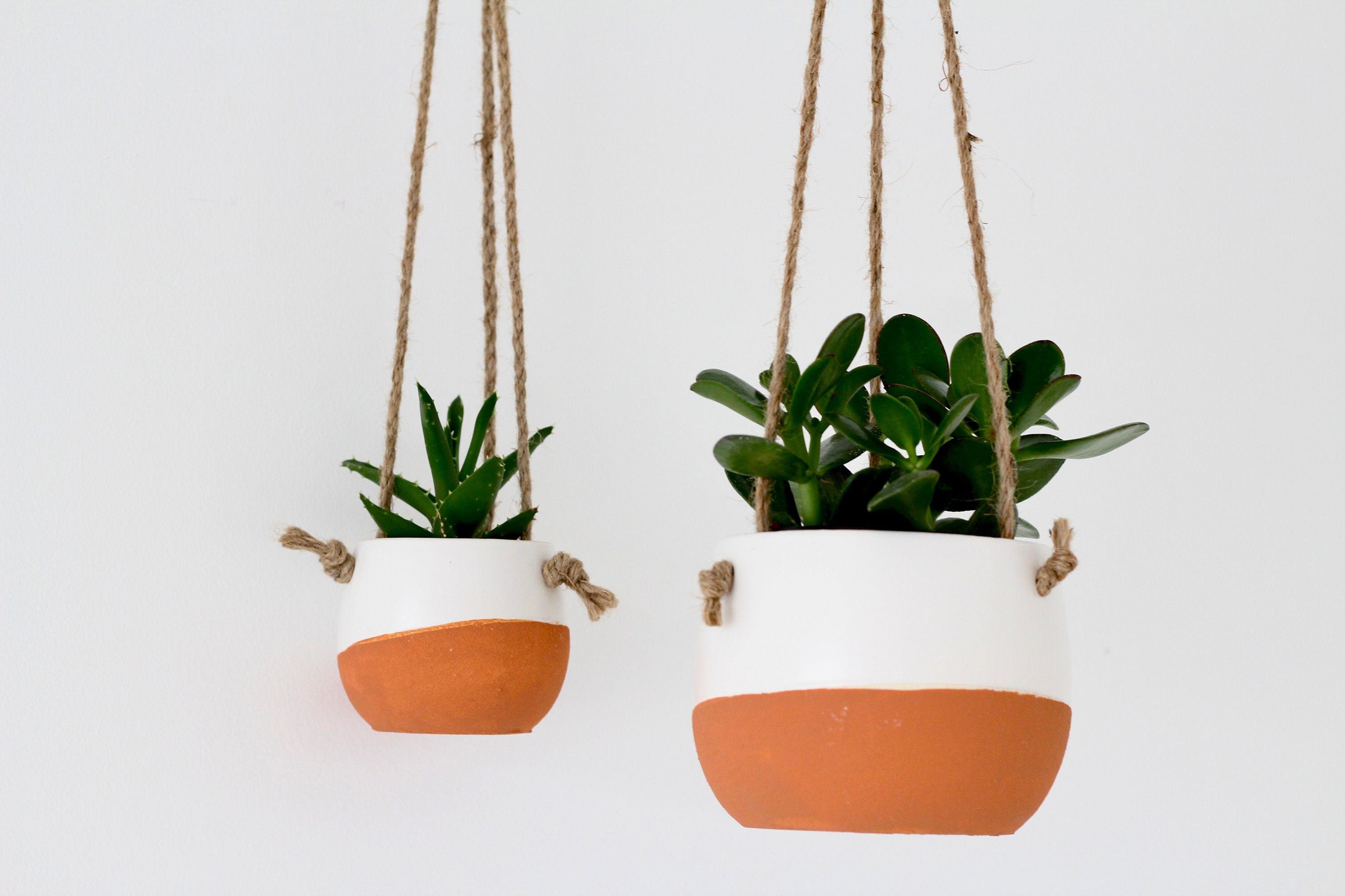Burnt Orange Ceramic Hanging Planter Pot in White and Terracotta with Optional Drainage
