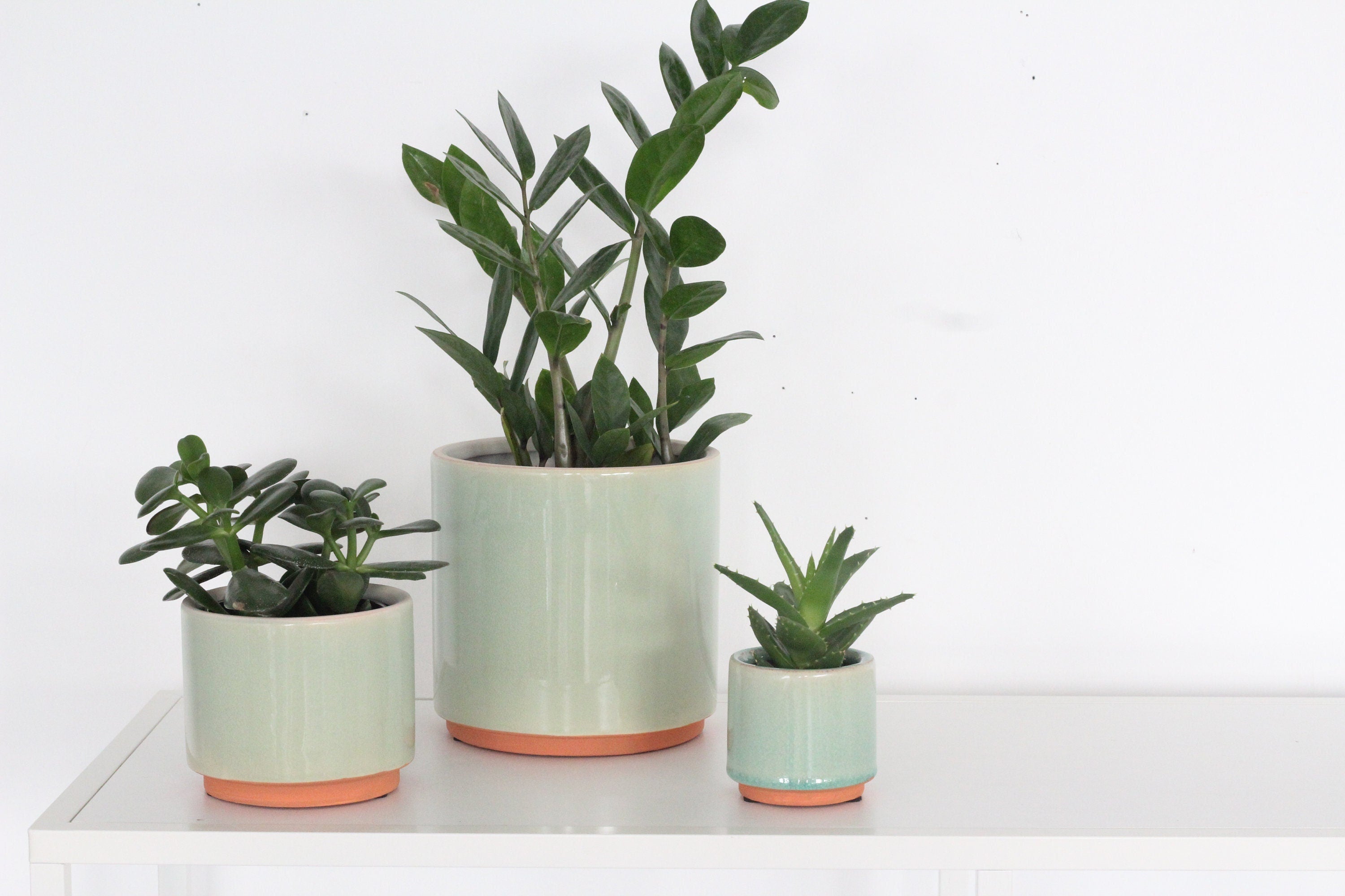 sage green ceramic plant pots Sage Green and Terracotta Ceramic Round Planter Pot