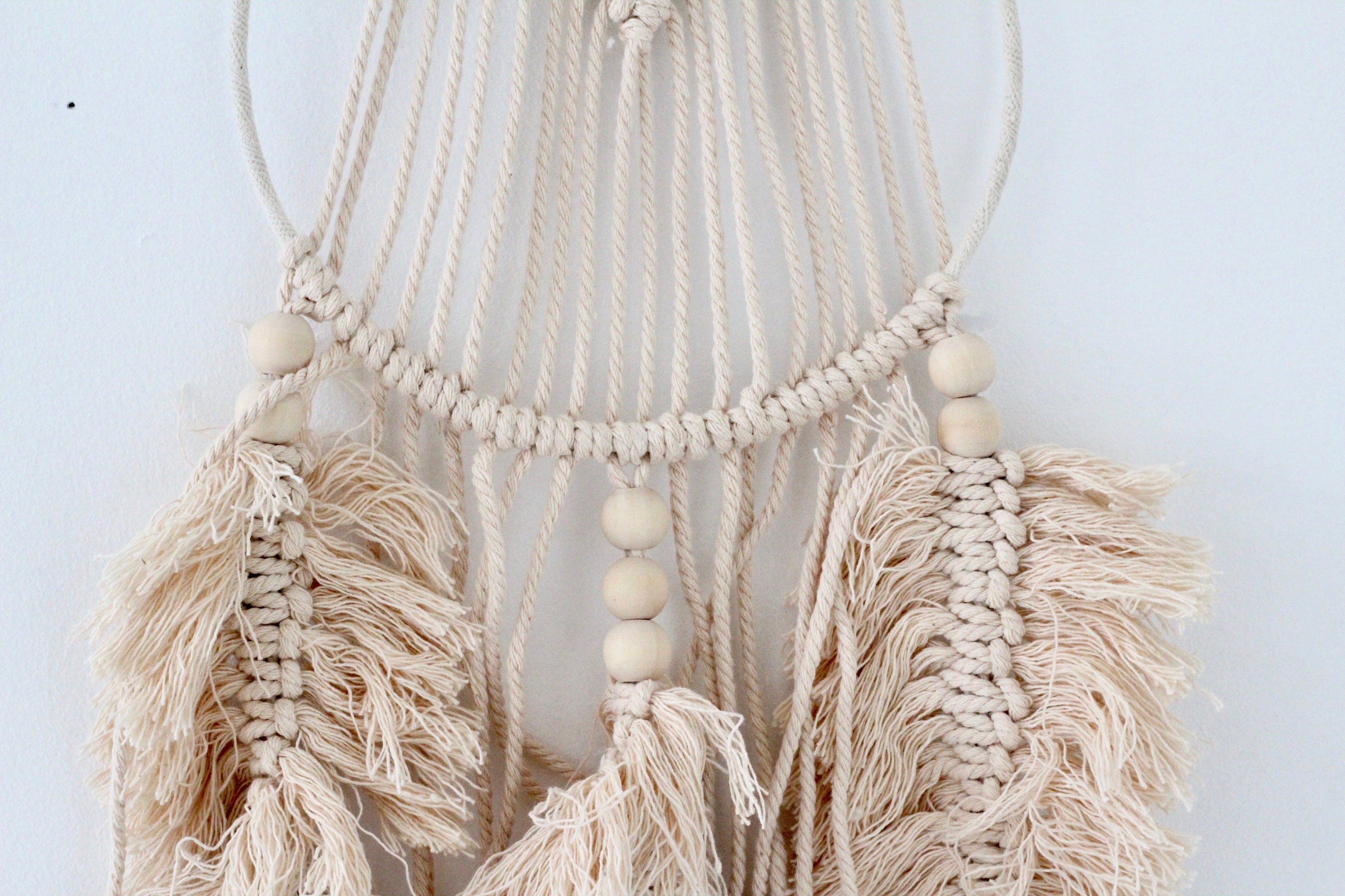 Pinky Beige Boho Dream Catcher Feather Macrame Beaded Wall Hanging