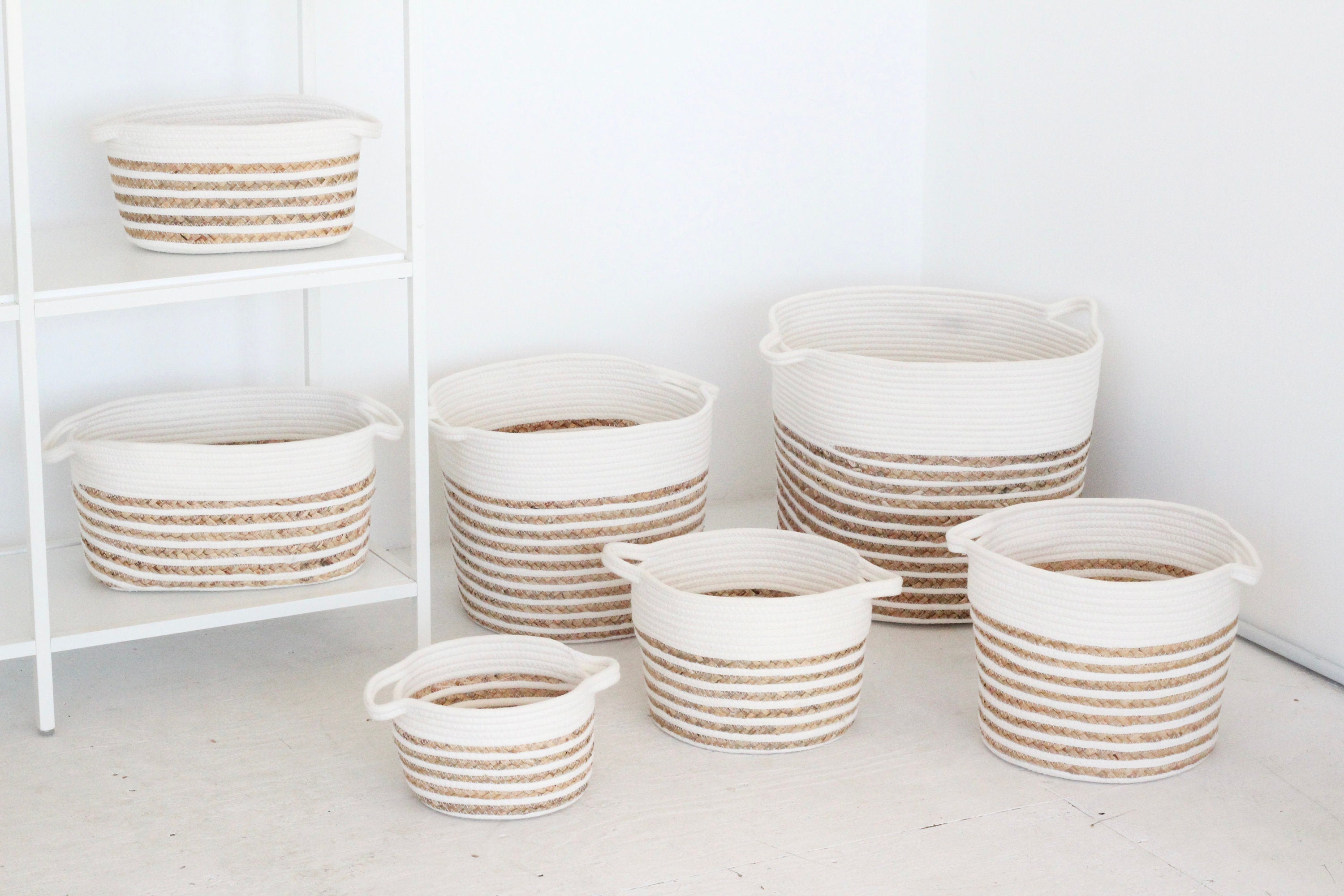 White Cotton and Jute Woven Storage Rope Baskets with Handles