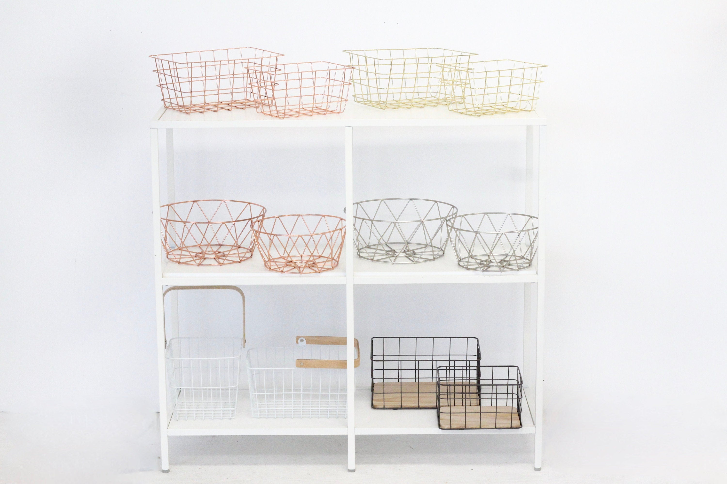 Metal Wire and Wood Basket for Food, Pantry Organization, Bathroom Storage and Entryway
