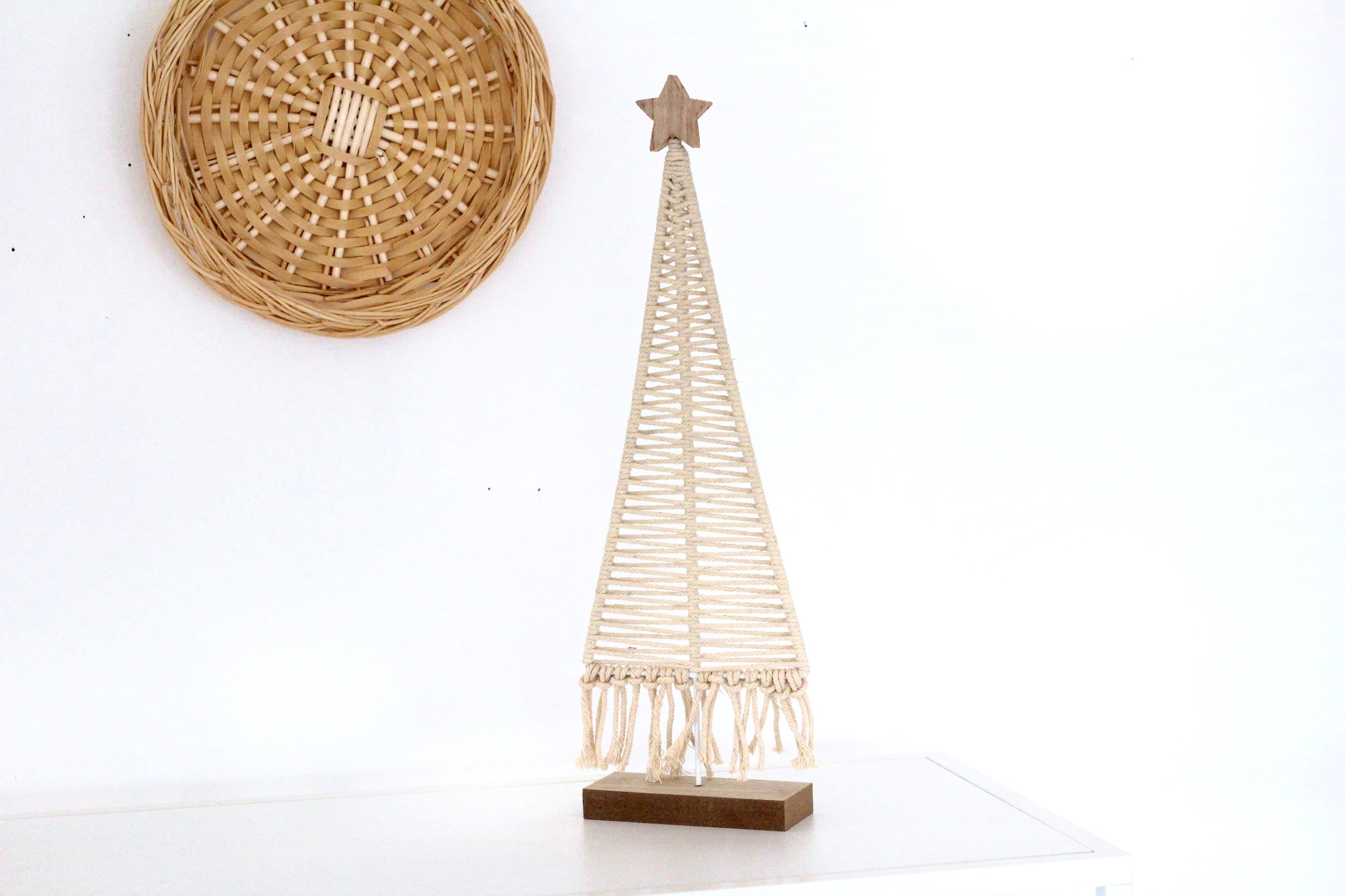 Christmas Village Tree for Mantel Decor | White Ceramic Tree | Small Wooden Christmas Tree | Boho Macrame Christmas Tree