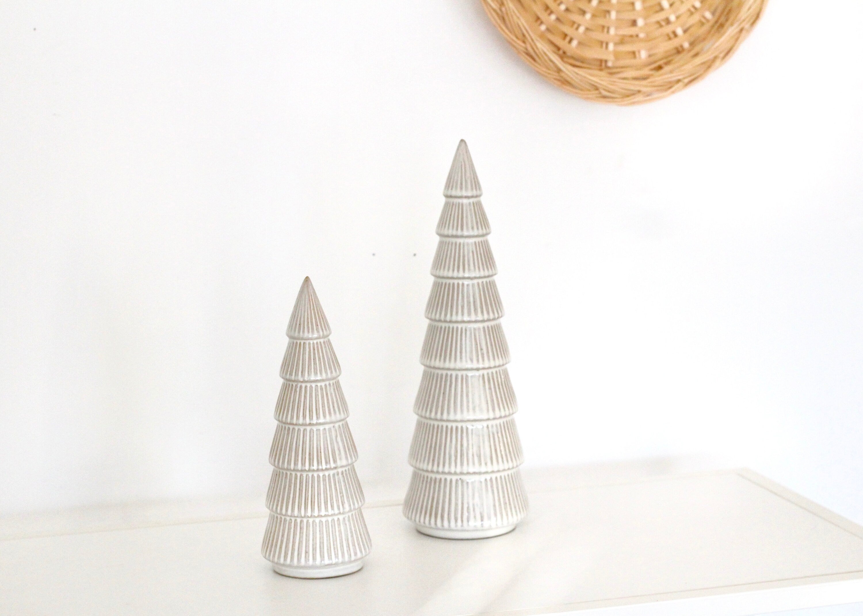 Christmas Village Tree for Mantel Decor | White Ceramic Tree | Small Wooden Christmas Tree | Boho Macrame Christmas Tree