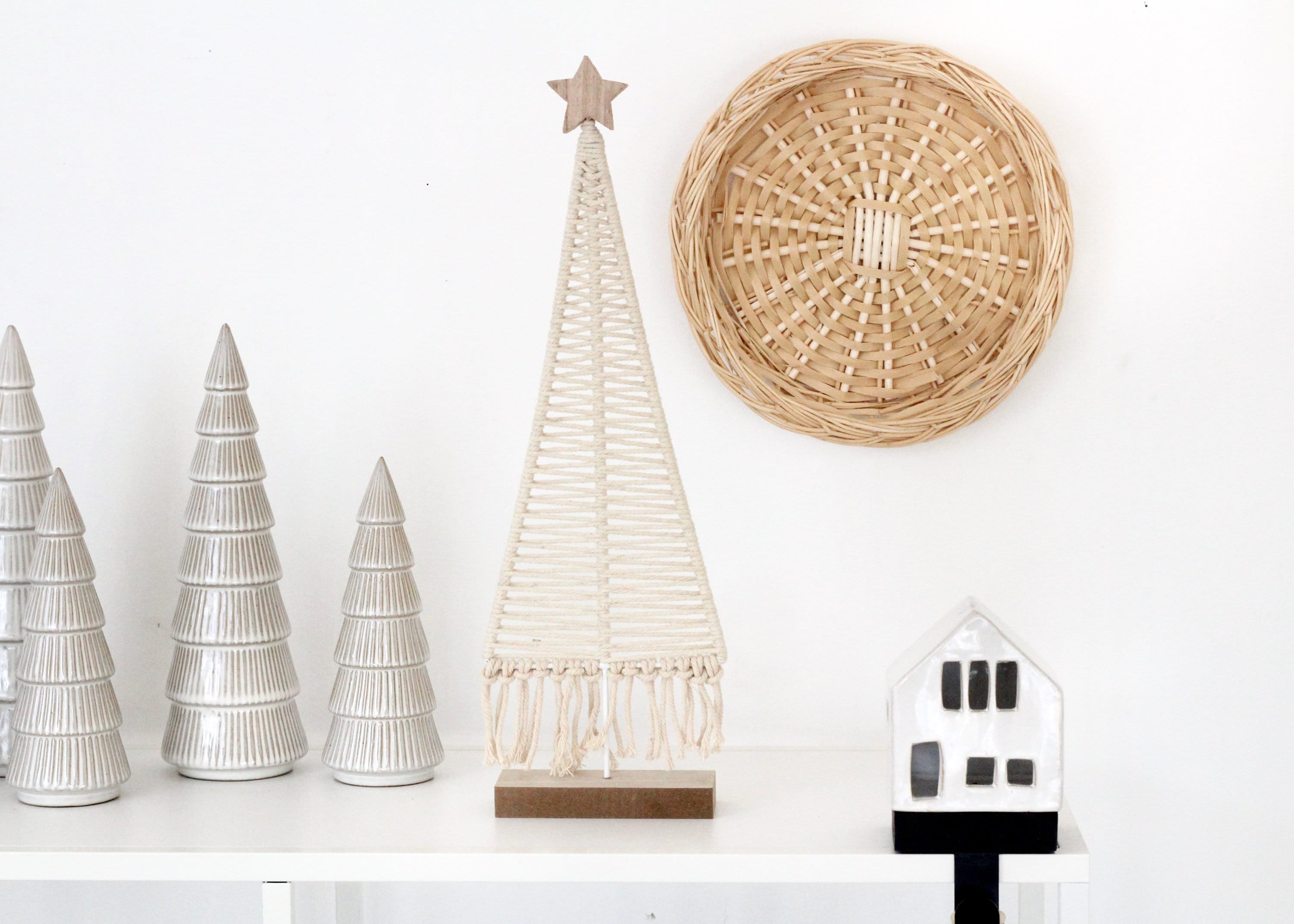 Christmas Village Tree for Mantel Decor | White Ceramic Tree | Small Wooden Christmas Tree | Boho Macrame Christmas Tree