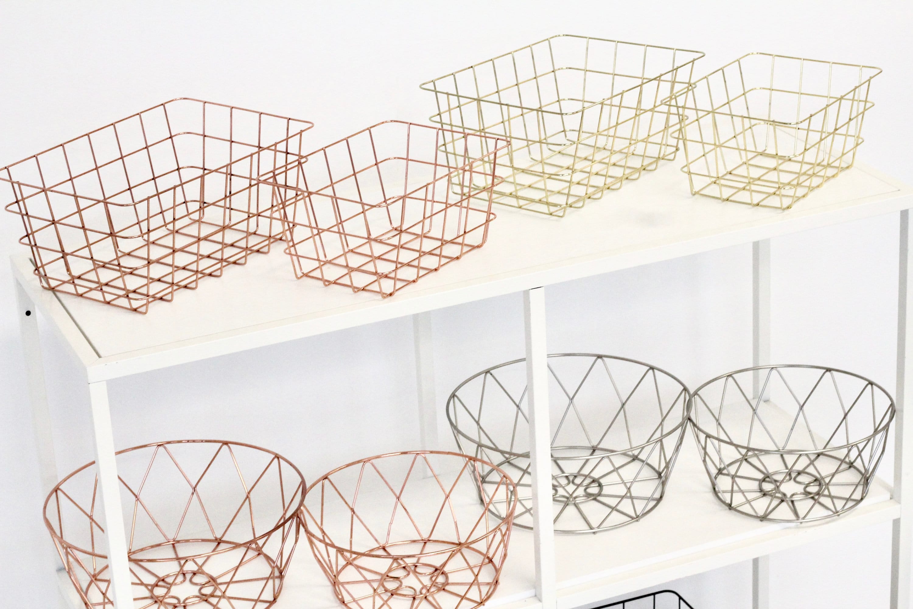 Rose Gold Copper Wire Basket for Pantry Organization, Bathroom Storage and Entryway