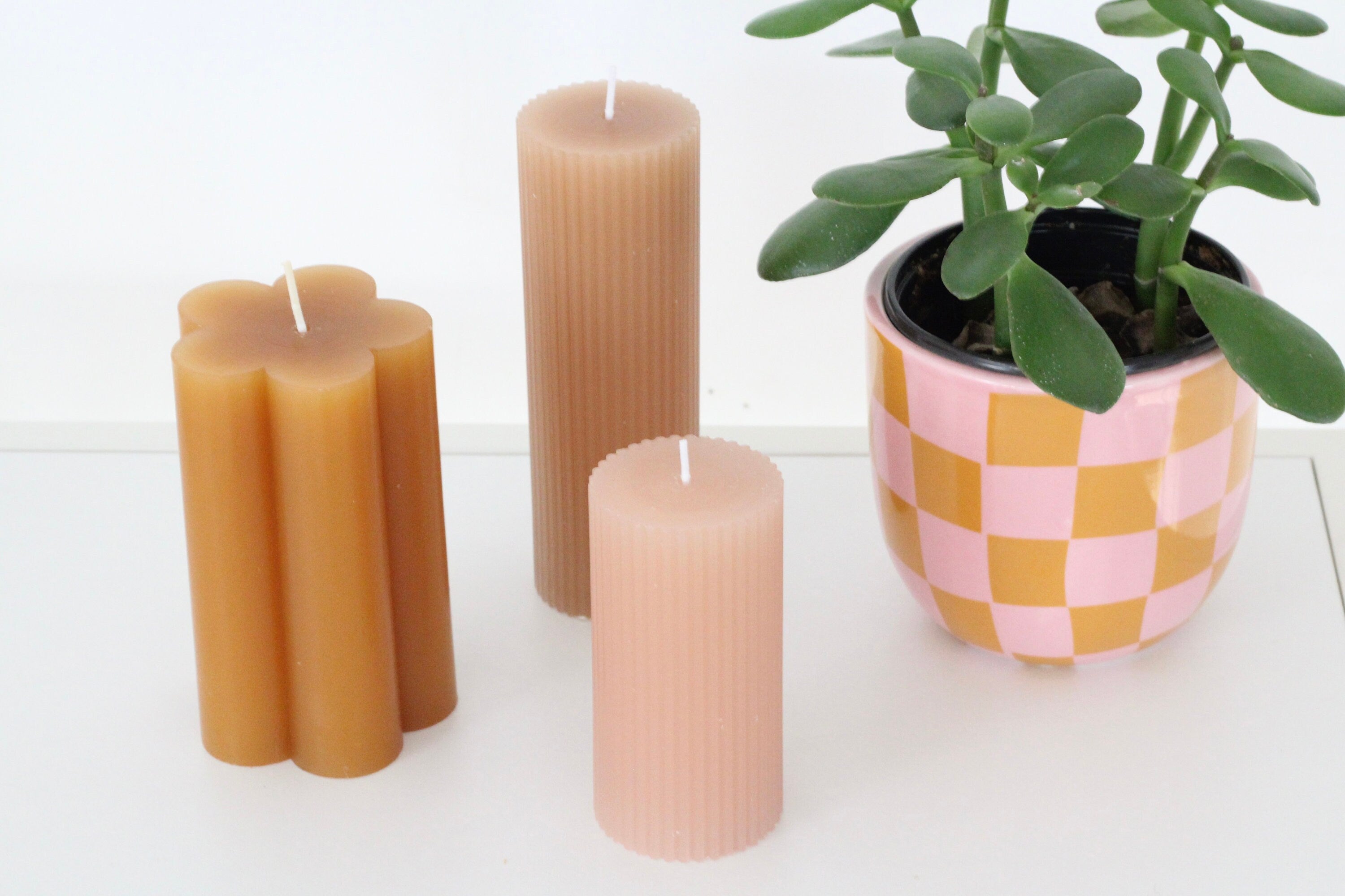 Colorful Kawaii Flower and Ribbed Pillar Candles - Pink, Purple, Amber CLOSING SALE