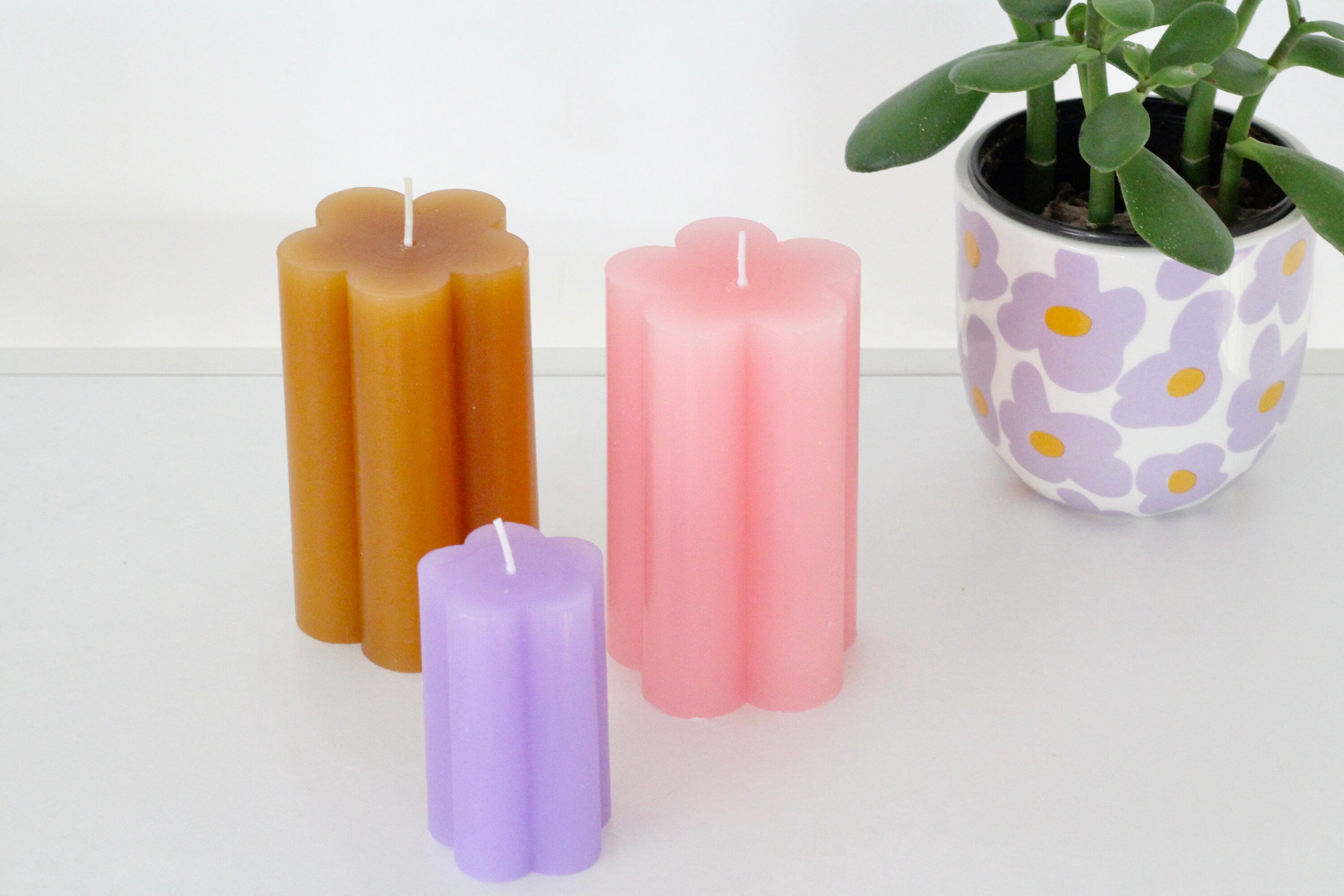 Colorful Kawaii Flower and Ribbed Pillar Candles - Pink, Purple, Amber CLOSING SALE