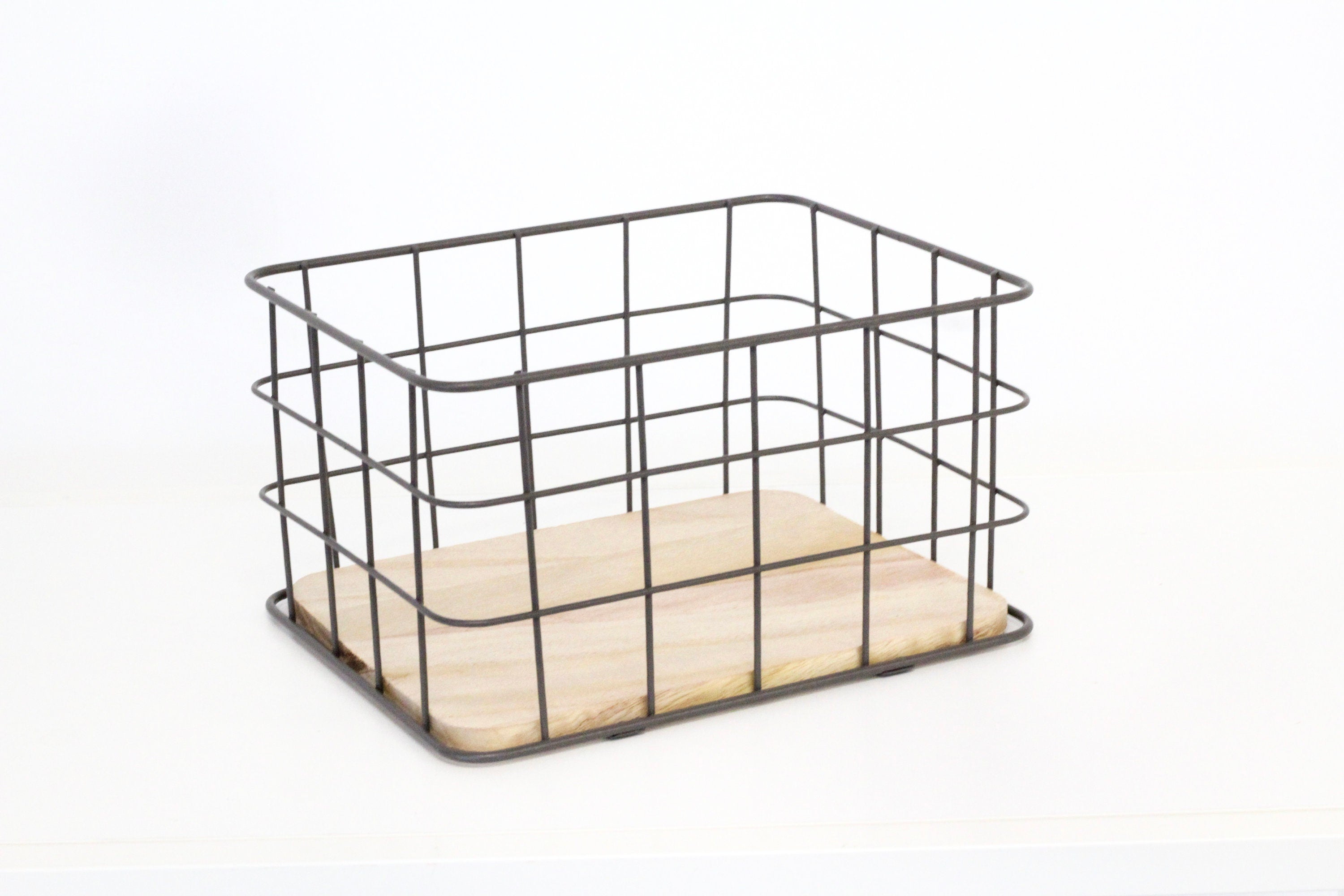 Metal Wire and Wood Basket for Food, Pantry Organization, Bathroom Storage and Entryway