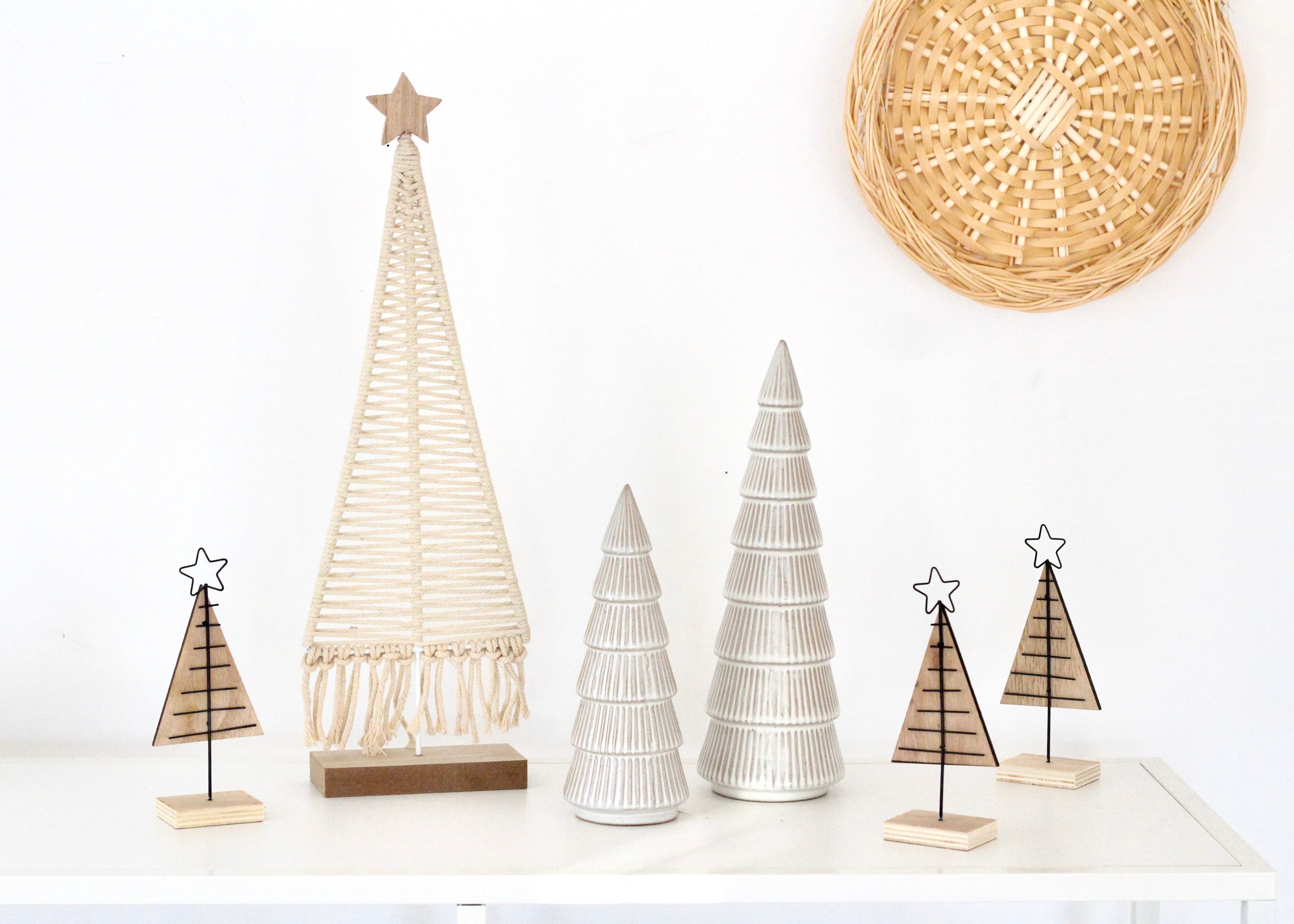 Christmas Village Tree for Mantel Decor | White Ceramic Tree | Small Wooden Christmas Tree | Boho Macrame Christmas Tree