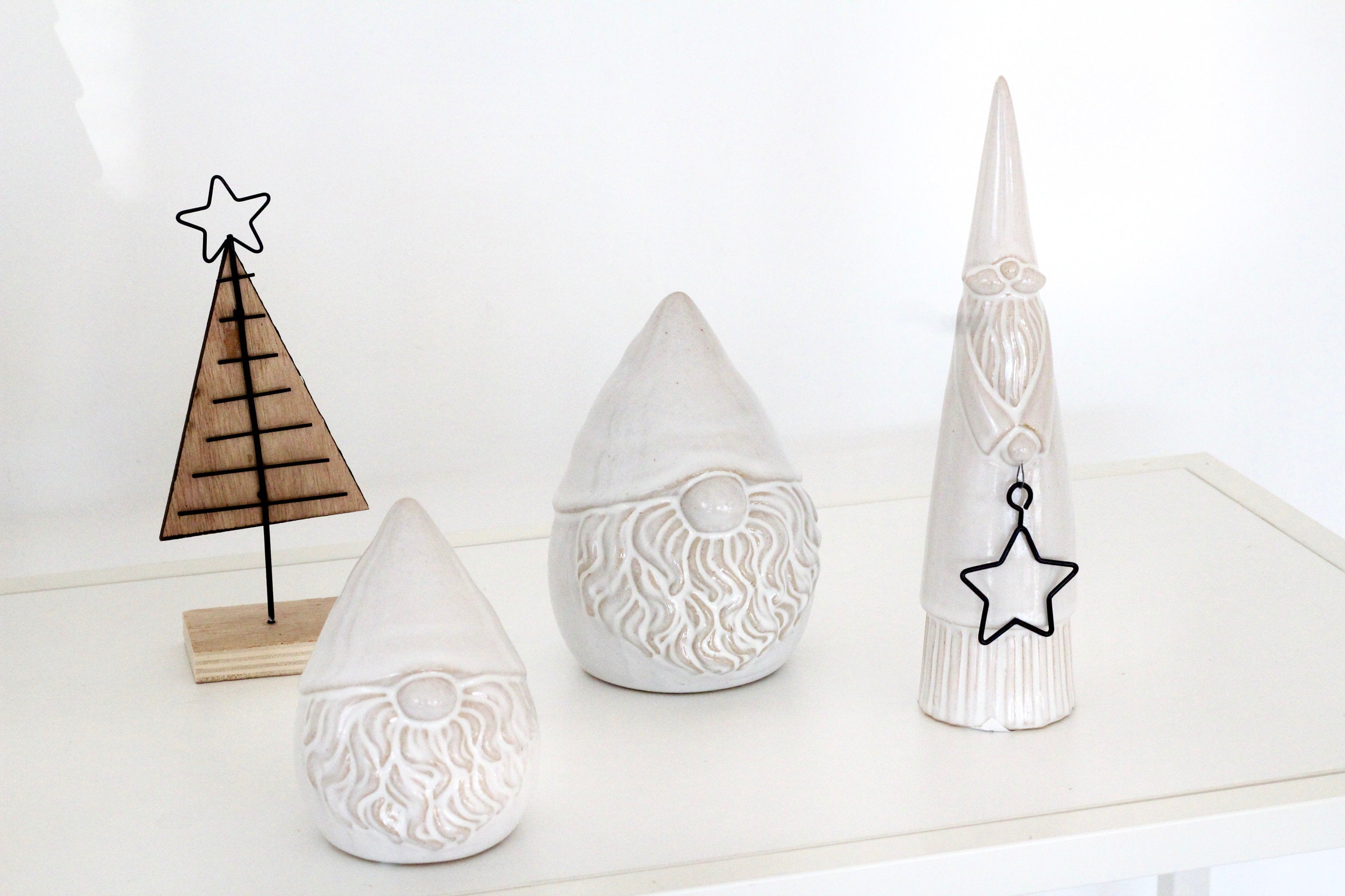 Christmas Village Tree for Mantel Decor | White Ceramic Tree | Small Wooden Christmas Tree | Boho Macrame Christmas Tree