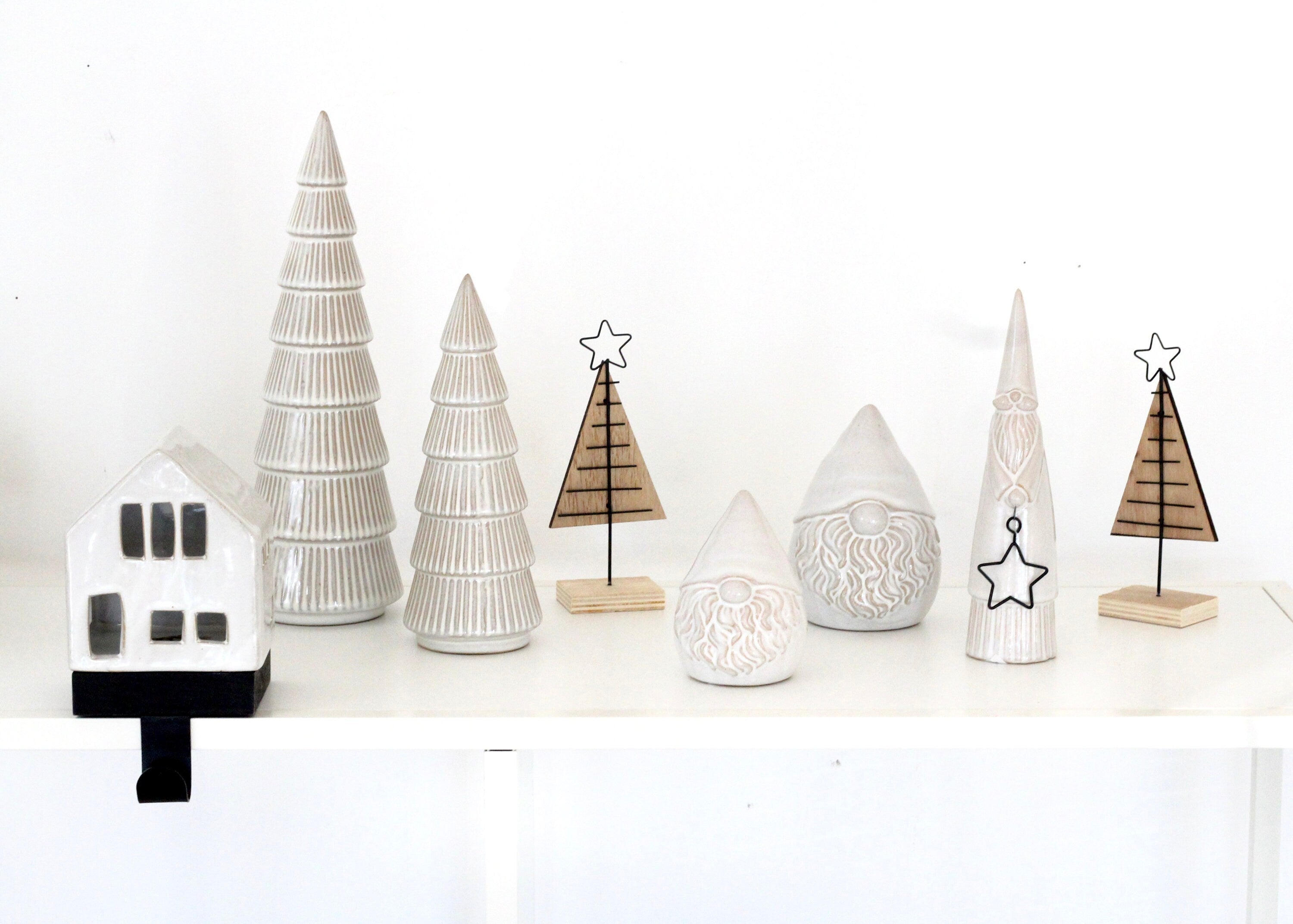 Christmas Village Tree for Mantel Decor | White Ceramic Tree | Small Wooden Christmas Tree | Boho Macrame Christmas Tree