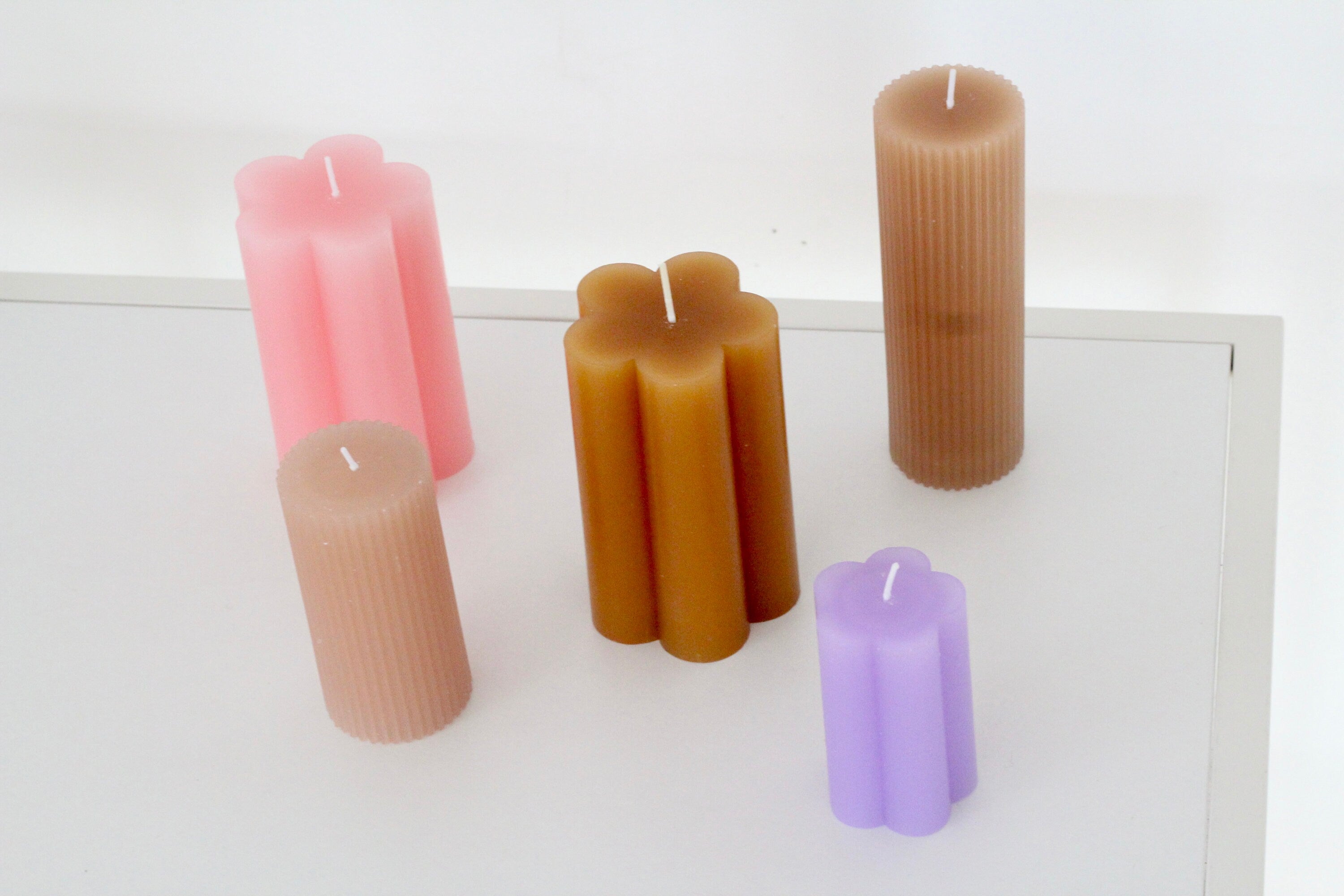 Colorful Kawaii Flower and Ribbed Pillar Candles - Pink, Purple, Amber CLOSING SALE