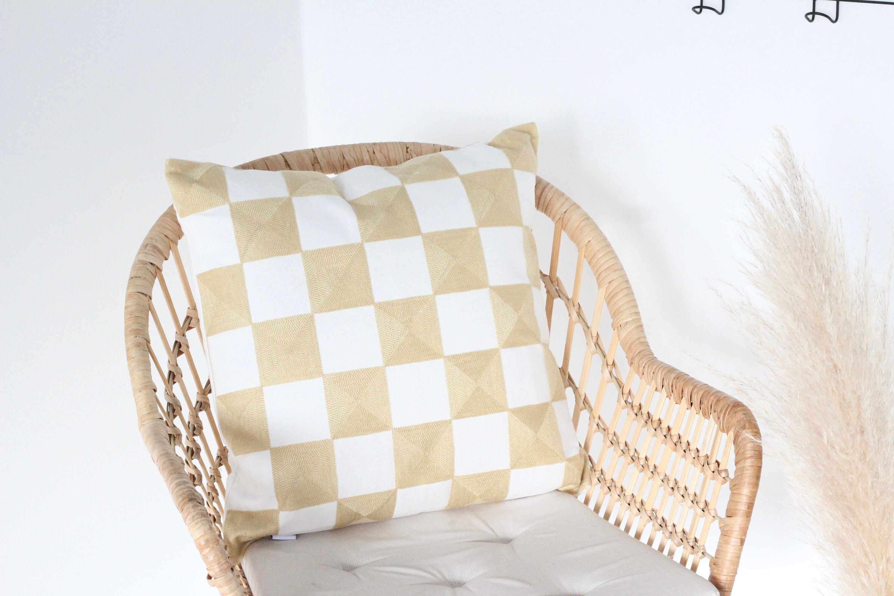 Woven Checkered Throw Pillow Beige and White CLOSING SALE