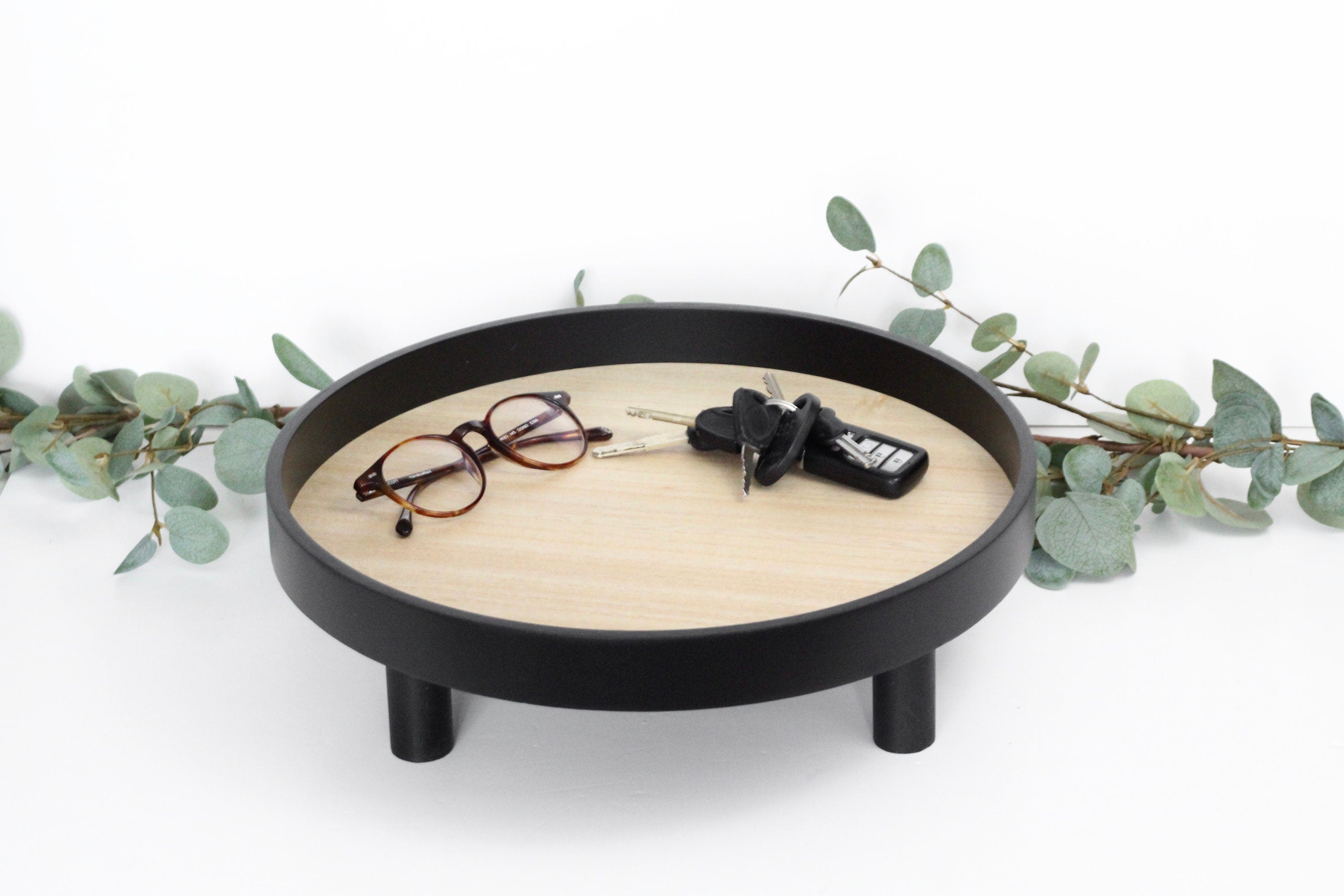 Contrast Natural Wood and Black Tray With Legs Catch-All