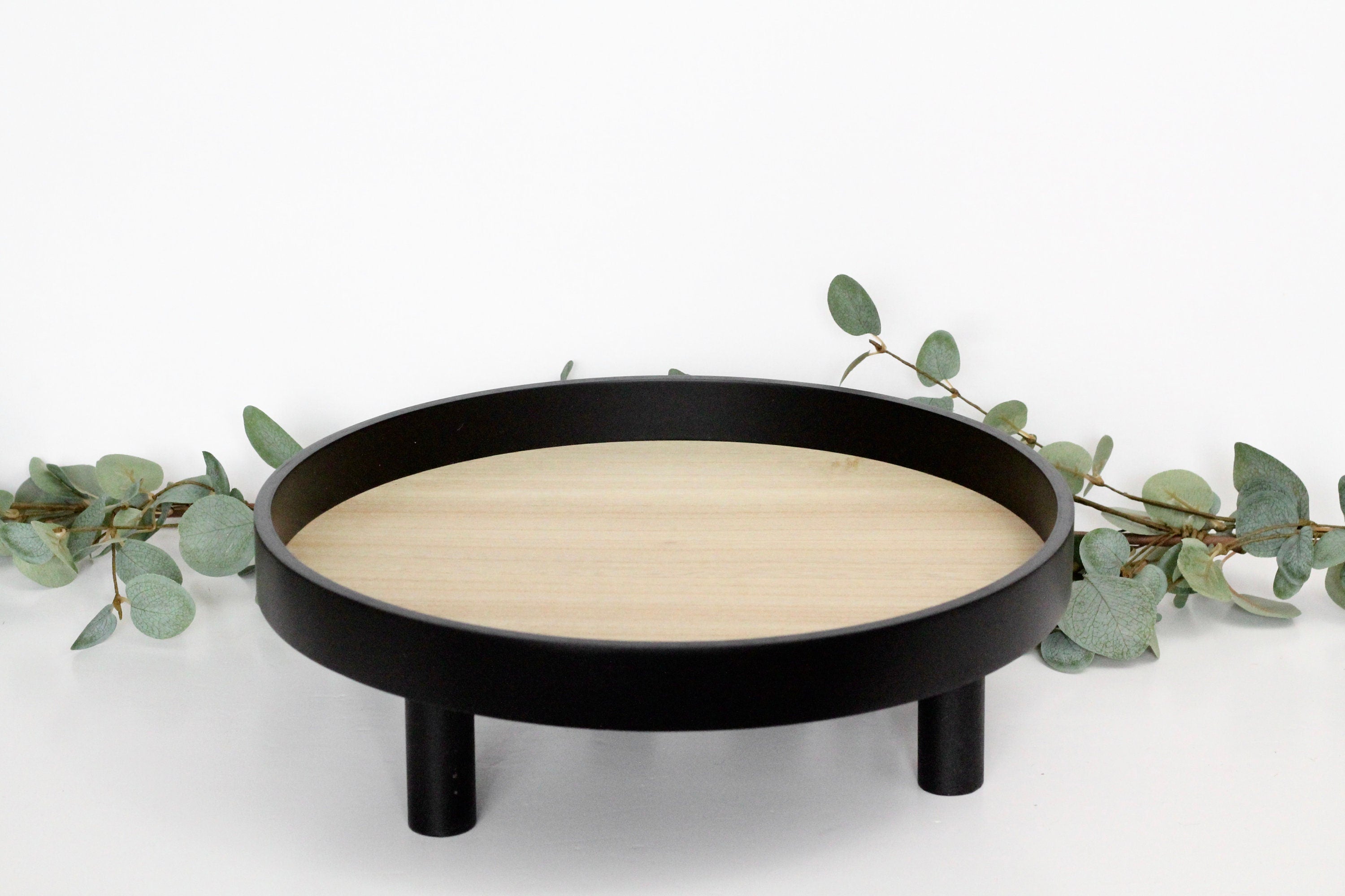 Contrast Natural Wood and Black Tray With Legs Catch-All