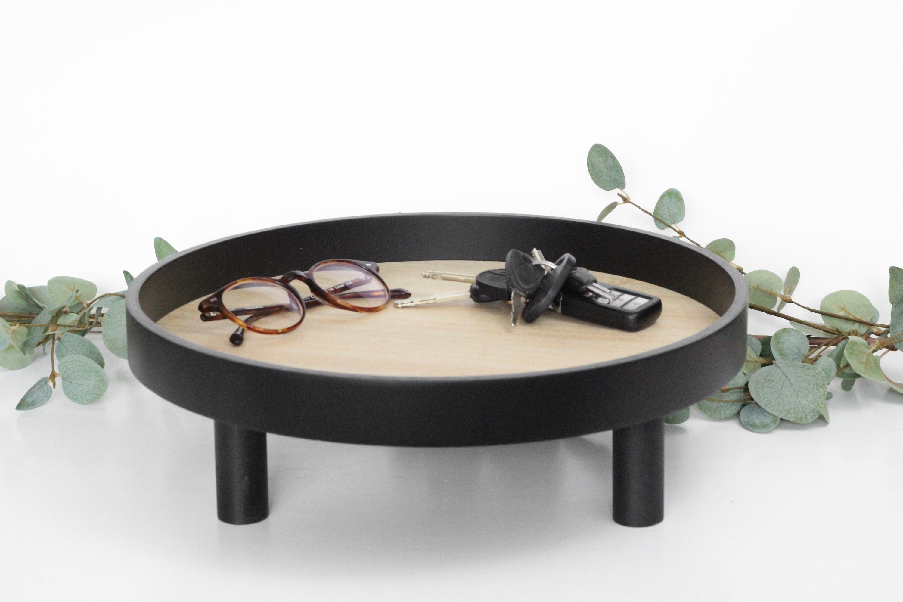 Contrast Natural Wood and Black Tray With Legs Catch-All